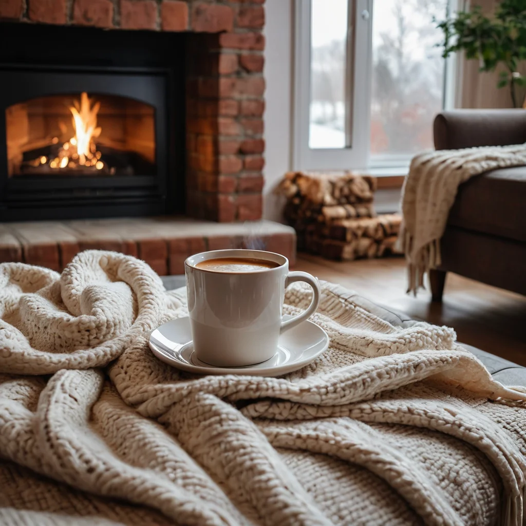 Уютная гостиная с горящим камином, мягкими пледами и дымящейся кружкой, создающая атмосферу зимнего комфорта и тепла.