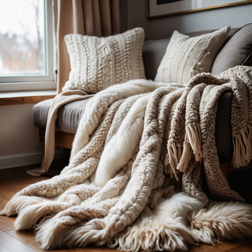 Сочетание различных тактильных текстур в интерьере: шерсть, мех, вязаные элементы, создающие многослойный уют и ощущение тепла.