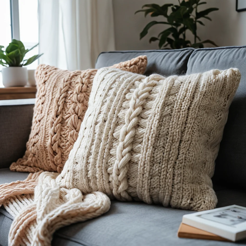 Декоративная подушка ручной вязки из толстой пряжи, служащая мягким акцентом в современной гостиной, демонстрирующая детали ручной работы.