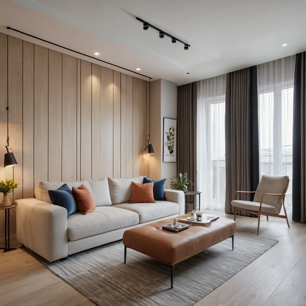 Фотореалистичное изображение студии, где зонирование достигается за счет игры света и цвета, а также использования вертикальных элементов. Интерьер современный, с продуманным освещением и акцентными цветами, создающими границы без стен.