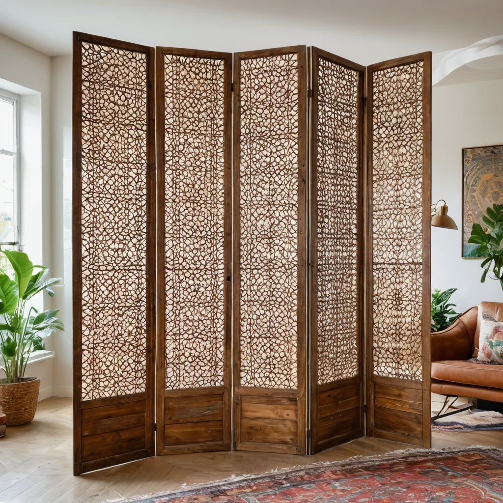 Фотореалистичное изображение гостиной в квартире в стиле бохо, где мобильная ширма служит одновременно арт-объектом и средством зонирования. Гибкое пространство, украшенное текстилем и природными материалами, наполненно естественным светом.