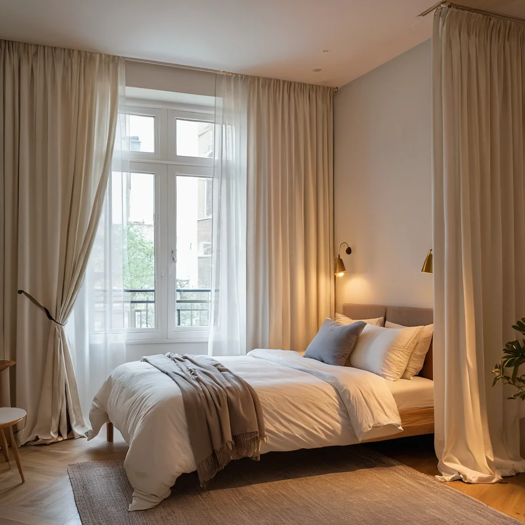 Фотореалистичное изображение уютного уголка спальни в маленькой квартире, где мягкое зонирование достигается с помощью легких штор. Текстильные решения создают границы и интимное пространство, наполненное теплым светом и комфортной атмосферой.