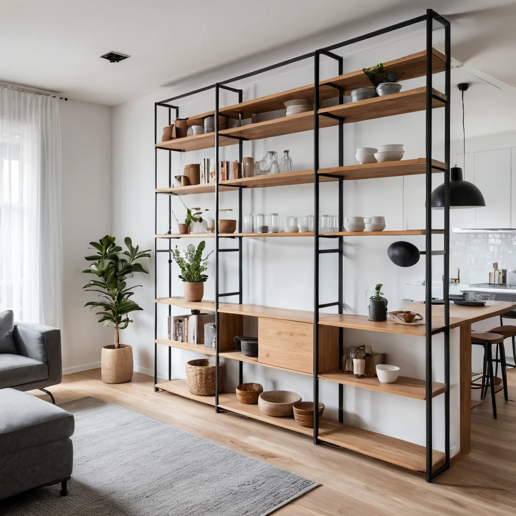 Фотореалистичное изображение современного интерьера квартиры, где кухонная и жилая зоны разделены функциональным открытым стеллажом. Прозрачная конструкция пропускает свет и служит элементом зонирования, демонстрируя минималистичный дизайн и продуманное хранение.