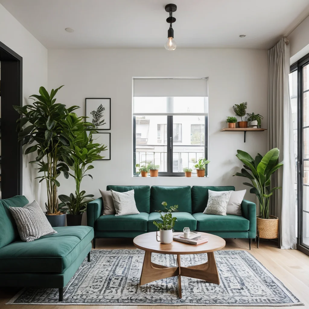 Фотореалистичное изображение гостиной в маленькой квартире, где диван и высокие комнатные растения используются для зонирования пространства. Этот умный подход к планировке создает функциональные зоны и добавляет природные элементы в городской интерьер.