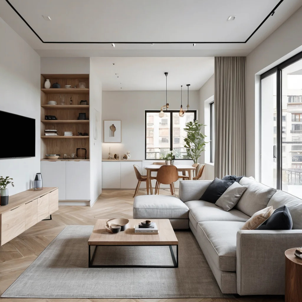 Фотореалистичное изображение гостиной в маленькой квартире, демонстрирующее умное зонирование без использования стен. Пространство визуально разделено, но остается открытым и светлым, подчеркивая функциональность и современный дизайн интерьера.