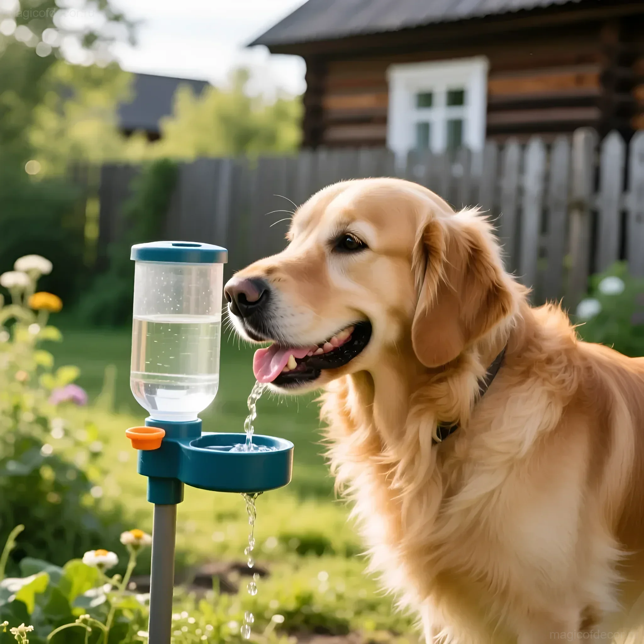Фотография золотистого ретривера, пьющего воду из современной автопоилки на фоне уютной дачи. Иллюстрация заботы о питомце.