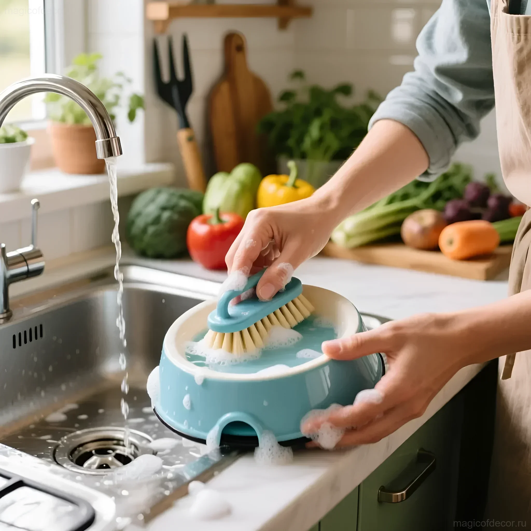 Фотография процесса мытья голубой автопоилки для животных на кухне. Забота о здоровье питомца и гигиена в доме.