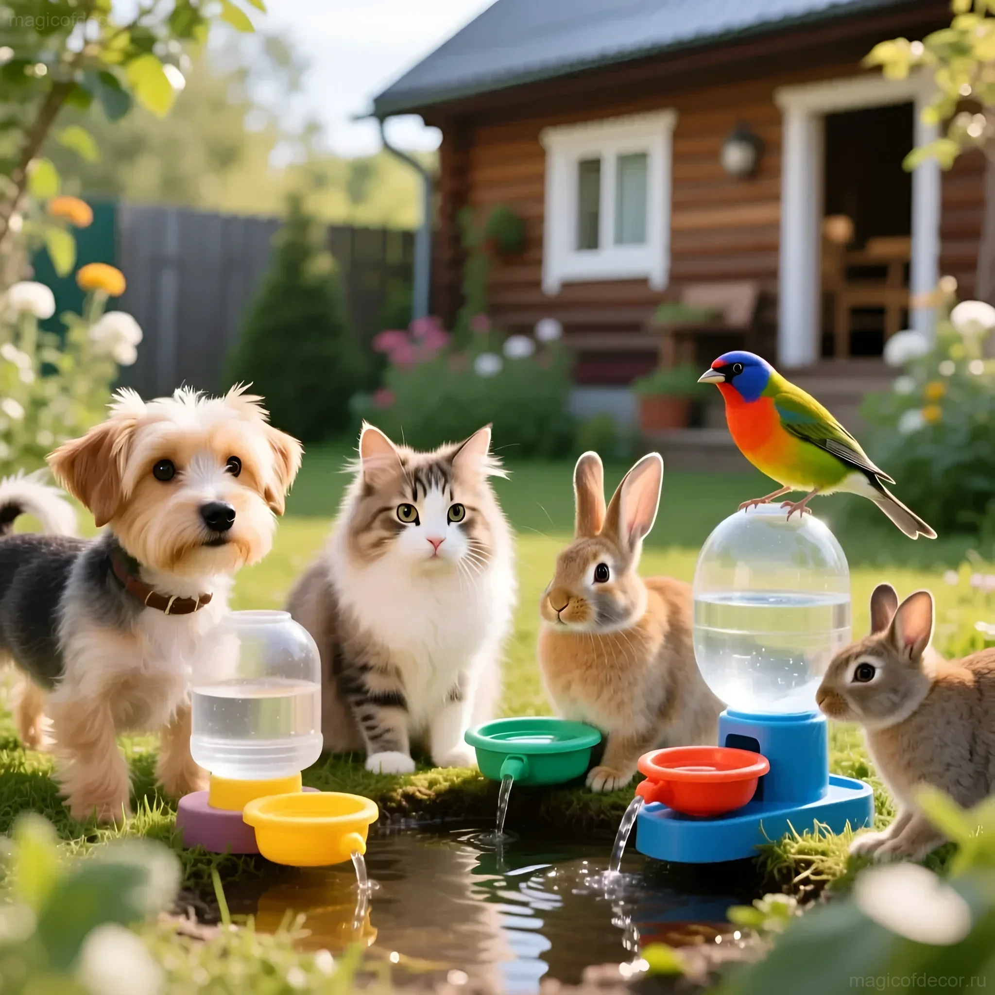 Фотография демонстрирует автоматическую систему поения для собаки, кошки, кроликов и птиц на фоне дачного дома. Идеальное решение для заботы о животных.
