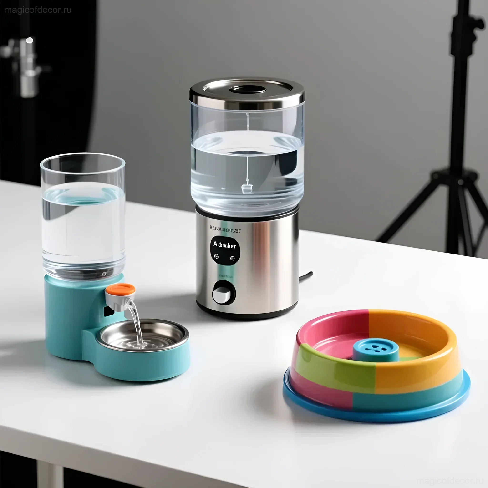 Фотография трех автоматических поилок для животных разных типов на белой поверхности. Идеальное решение для дачи, обеспечивающее питомцев свежей водой.