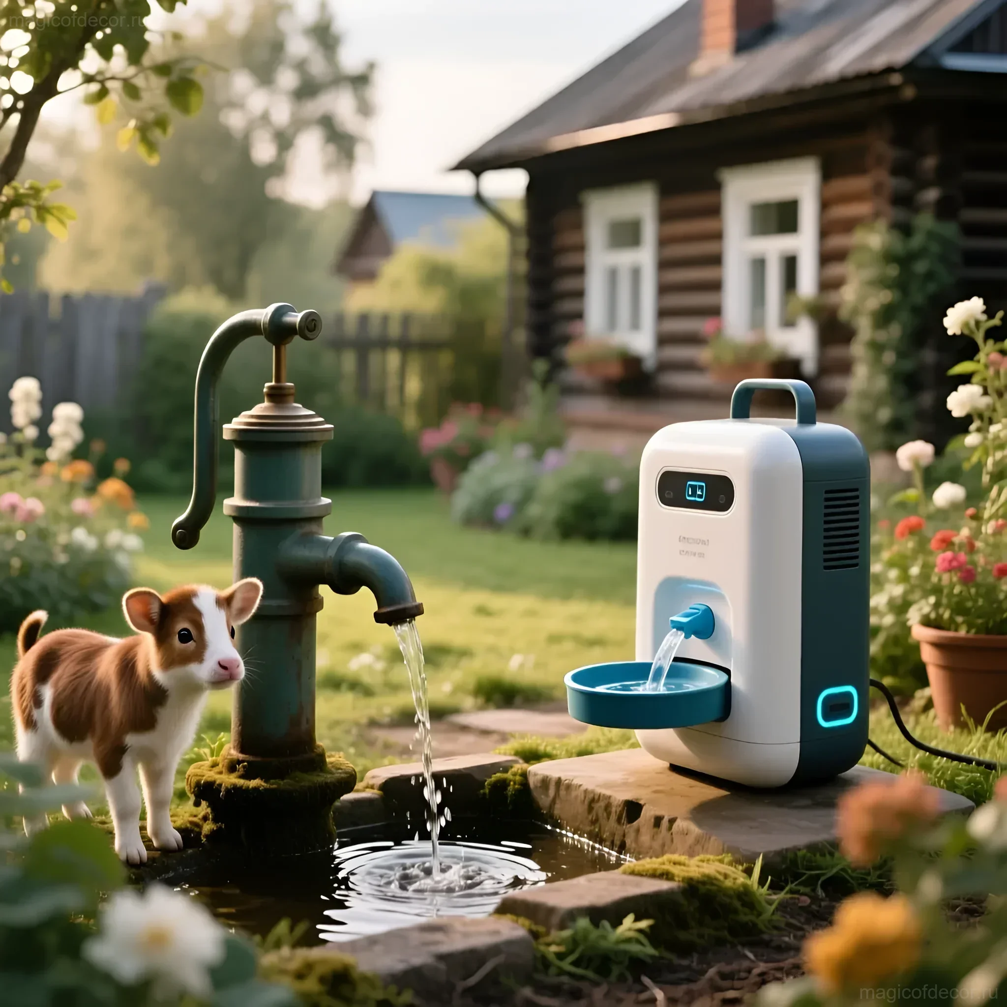 Современная автопоилка для животных на фоне дачного дома и щенка. Забота о питомцах во время вашего отдыха на природе.