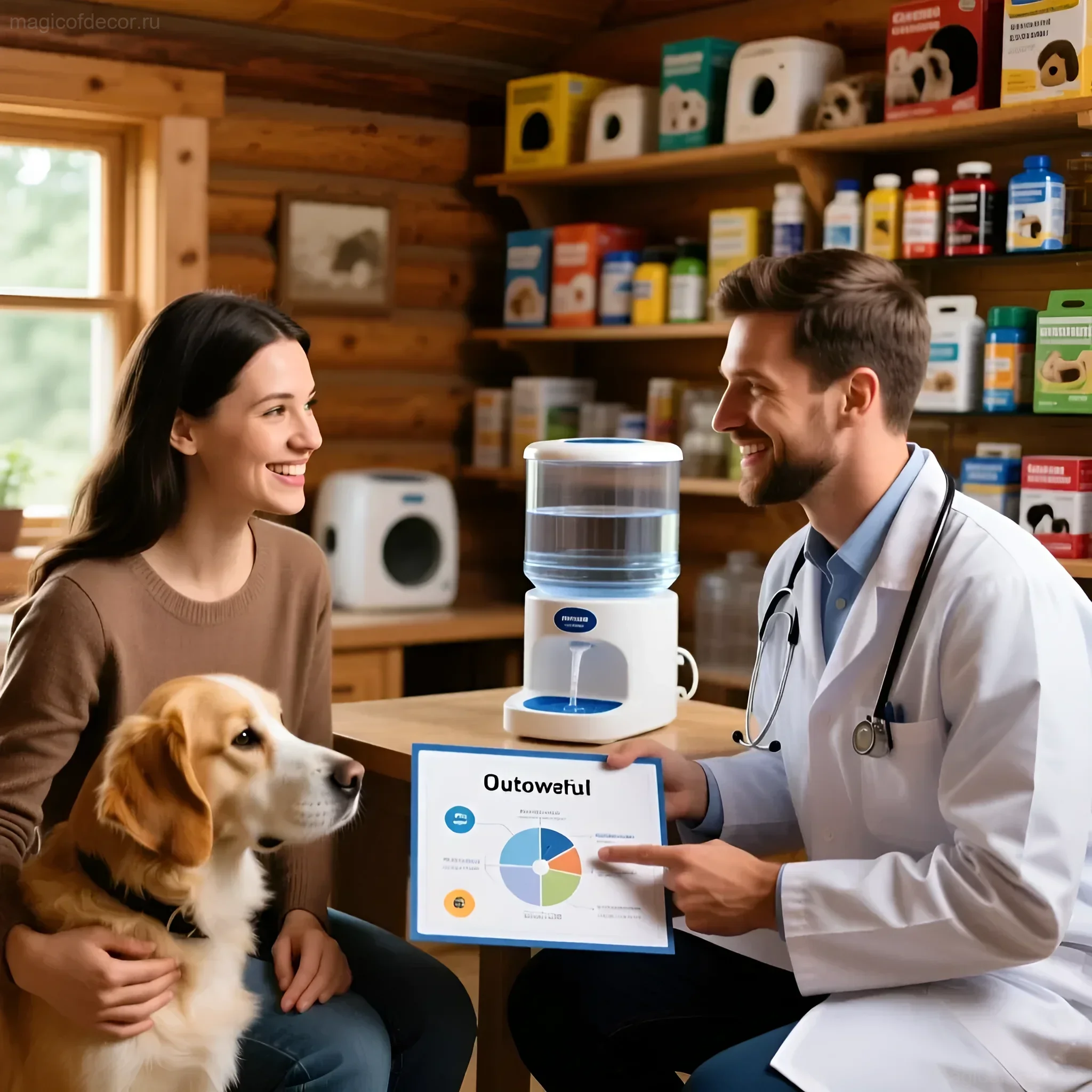 Фотография демонстрирует консультацию ветеринара с хозяйкой собаки по поводу автопоилки Outoweful, обеспечивающей питомца водой на даче.