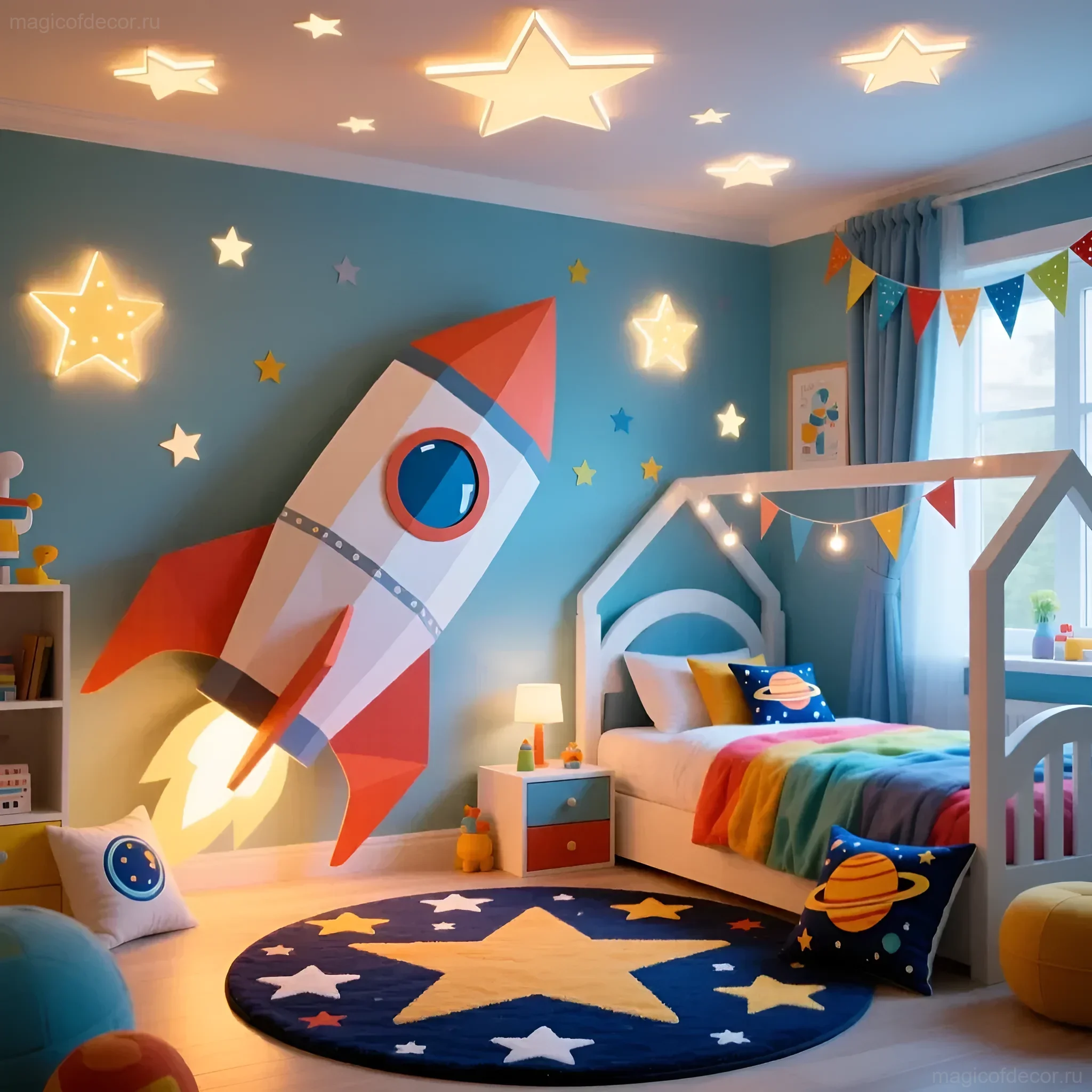 Детская комната, оформленная в космическом стиле: ракета, звезды на стенах и потолке, ковер с планетами.