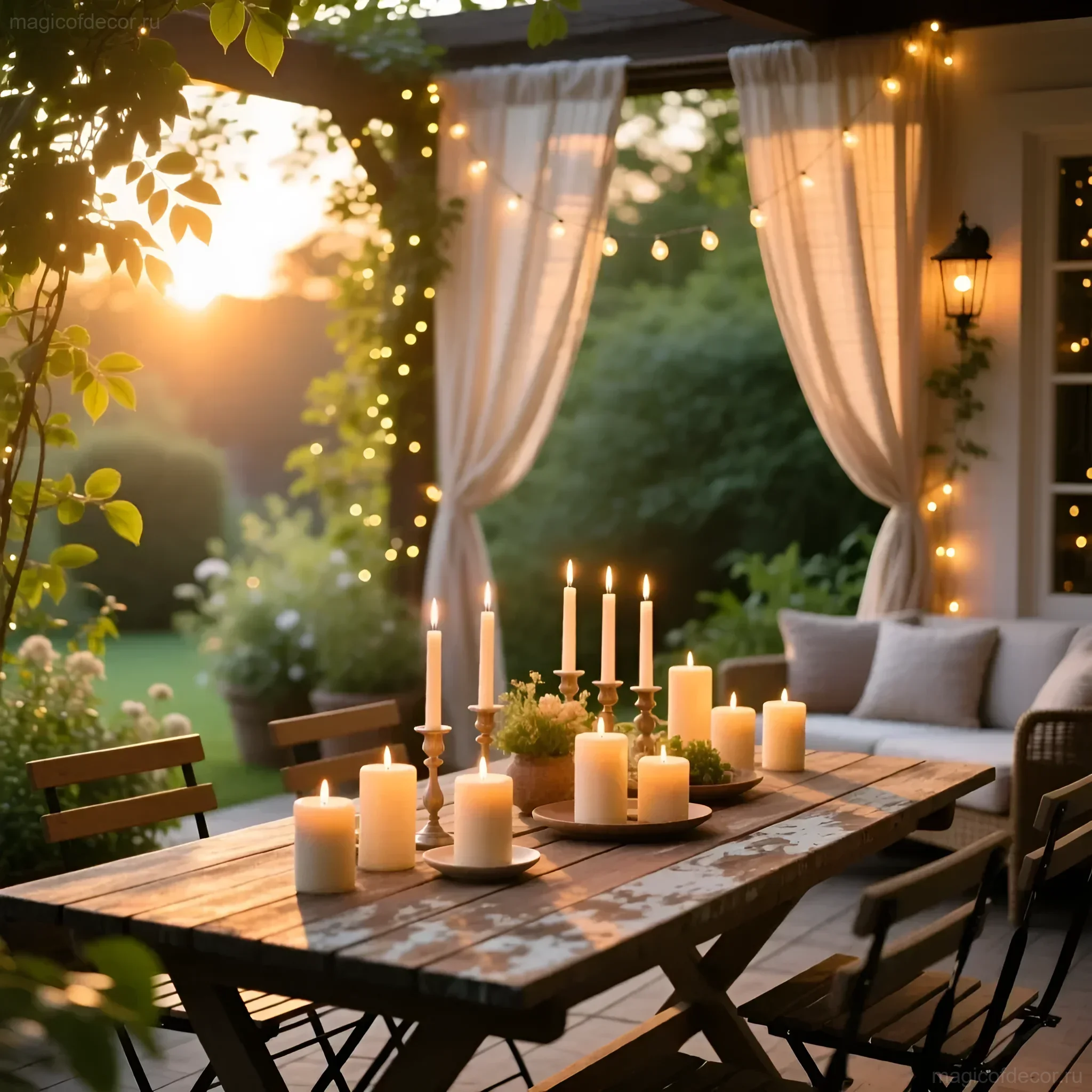 Декоративная композиция на деревянном столе на террасе, украшенная свечами разной высоты и формы, с гирляндами и зеленью.