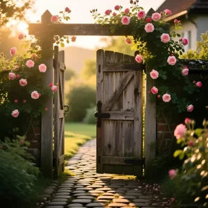 Идиллическая фотография старинной деревянной калитки, увитой нежными розовыми розами, ведущей в цветущий сад. Идеально для иллюстрации статей о садовом дизайне и атмосфере.