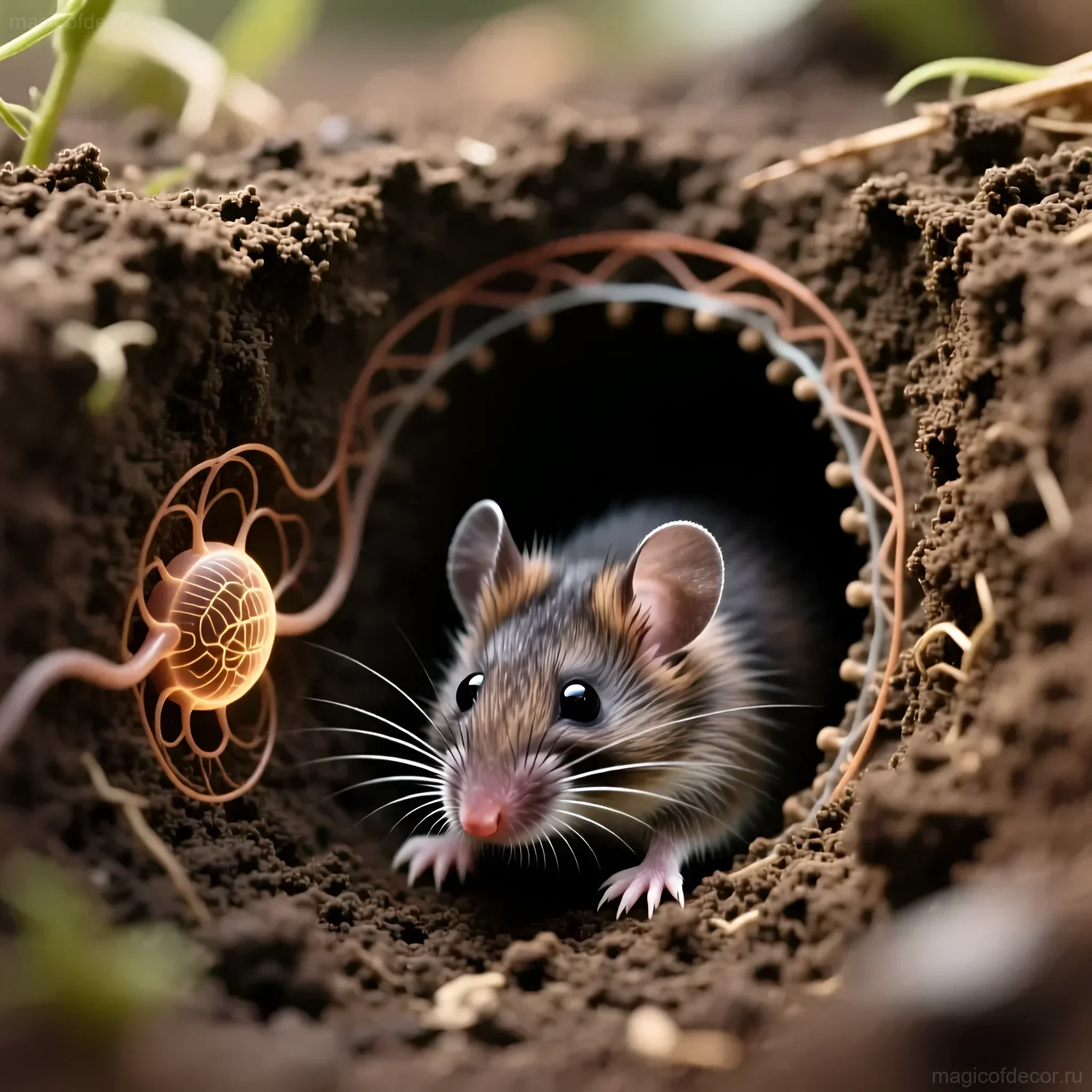 Иллюстрация: мышь в норе, окруженная светящимися линиями, символизирующими вибрации. Визуализация для статьи об отпугивании кротов.