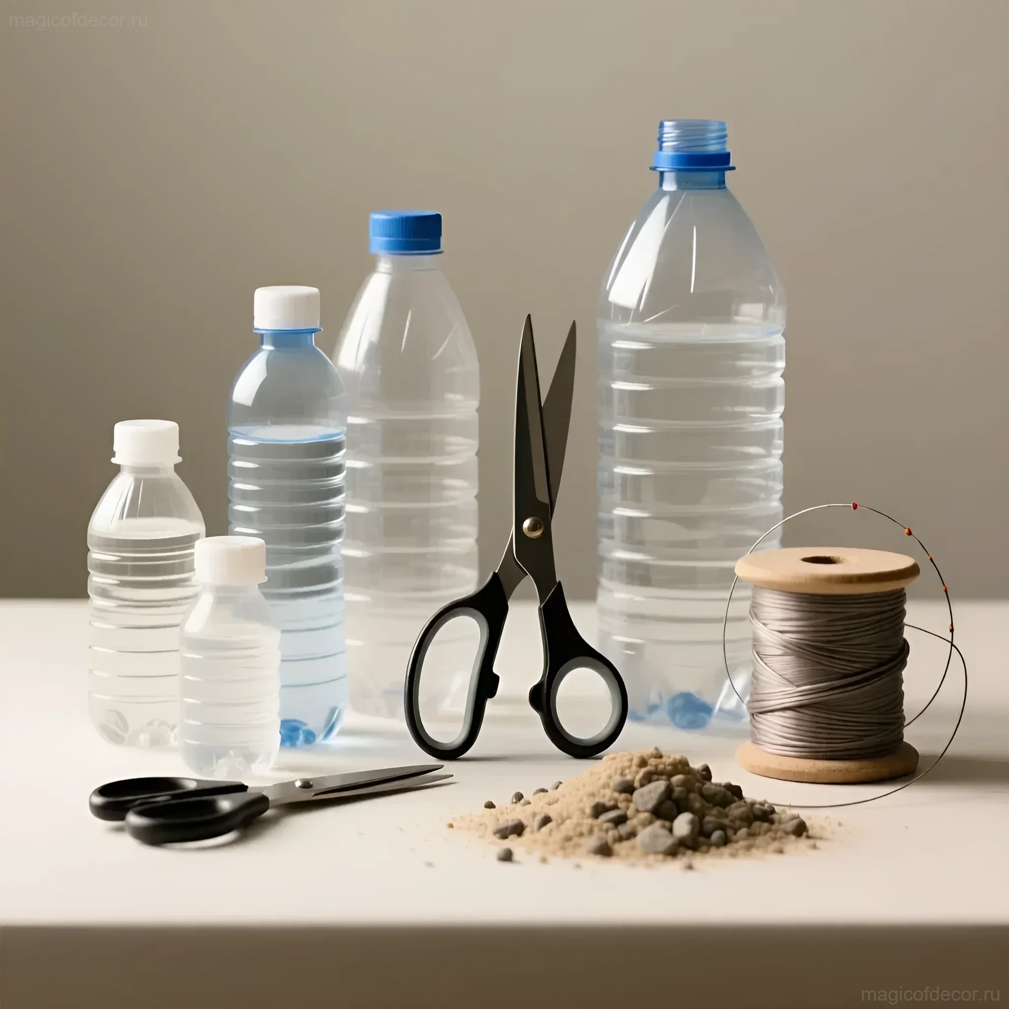Фотография инструментов и материалов для изготовления отпугивателя кротов из пластиковых бутылок: ножницы, леска, песок и емкости.
