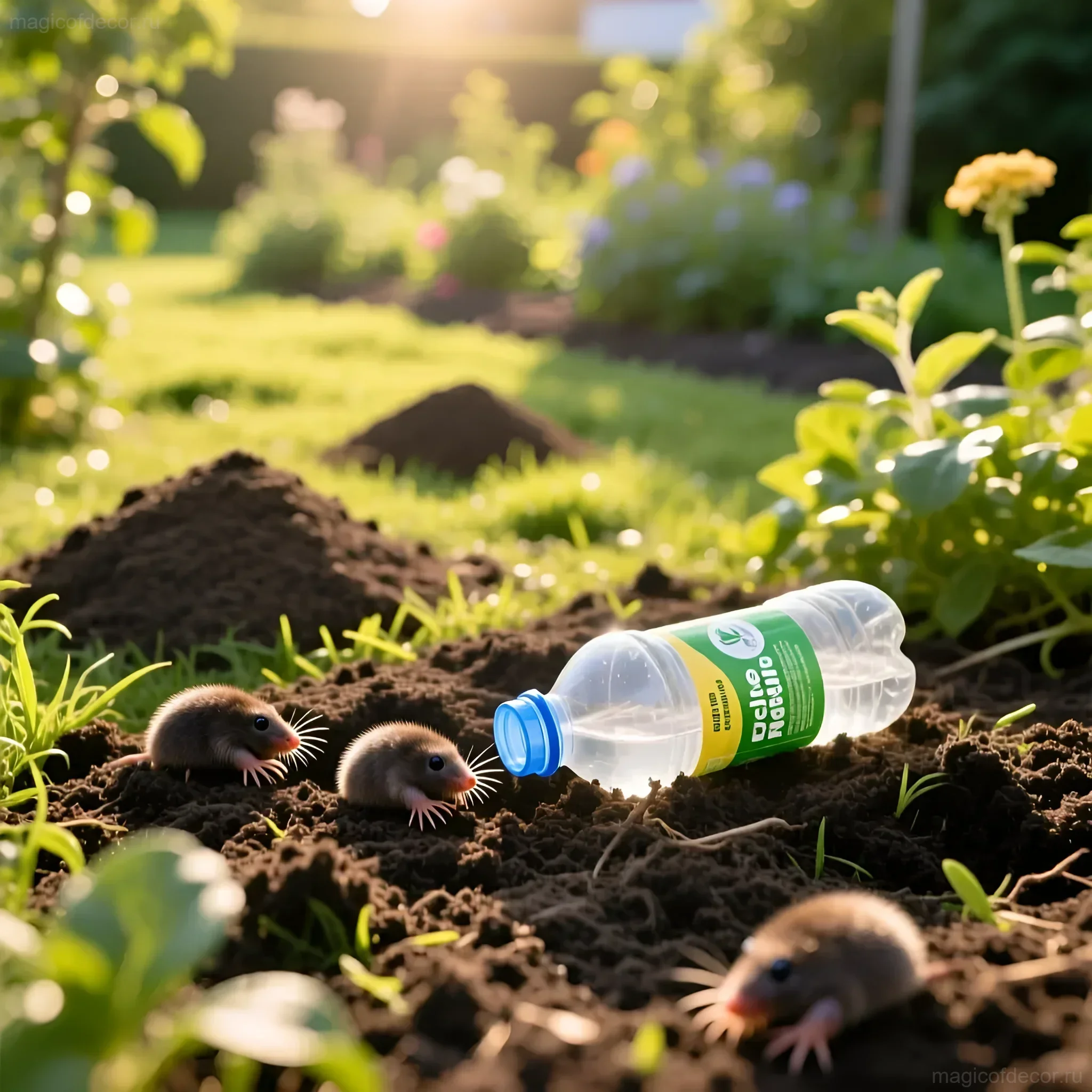 Фотография демонстрирует кротов, выглядывающих из земли рядом с пластиковой бутылкой, используемой в качестве отпугивателя. Эффективный способ борьбы с кротами.