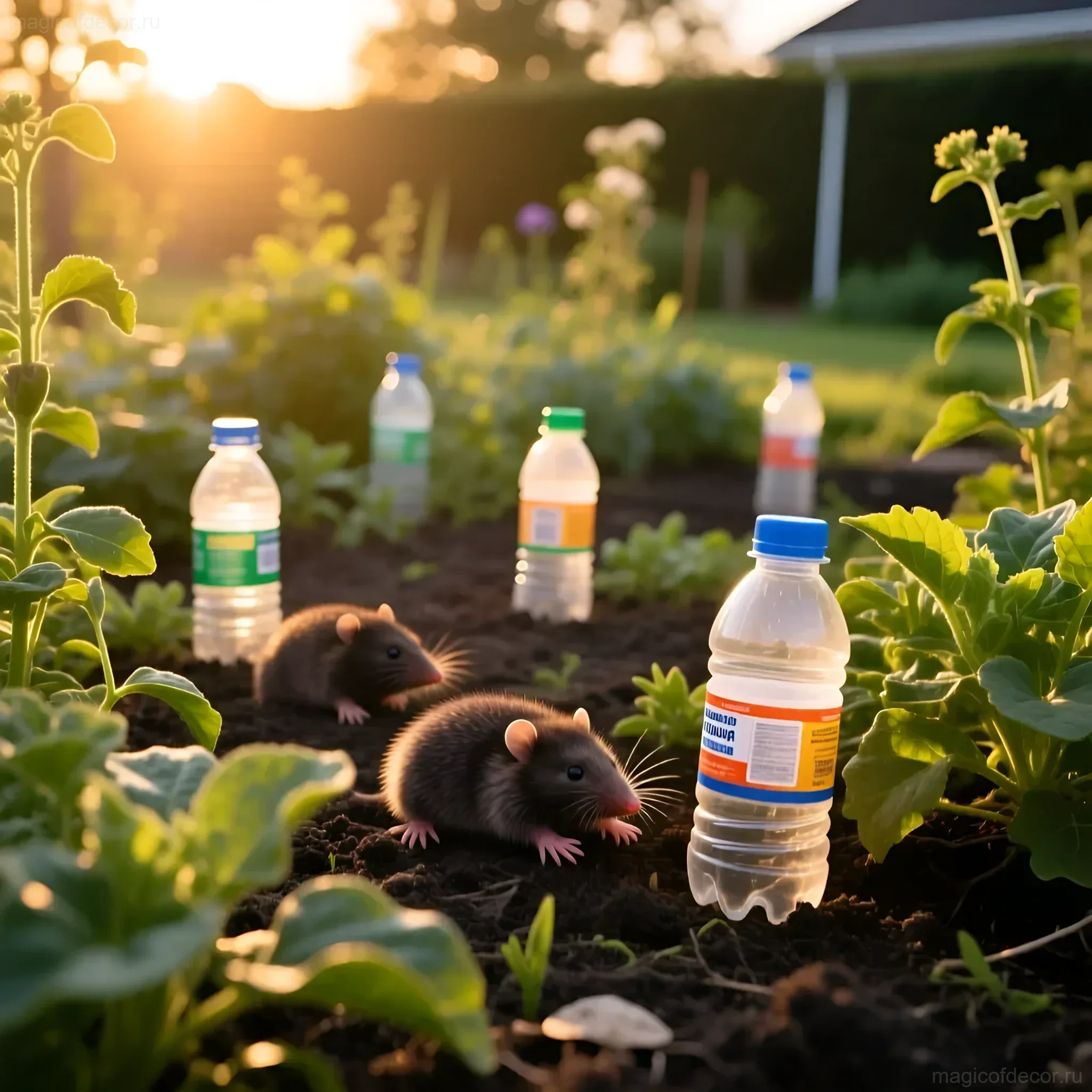 Фотография демонстрирует установку самодельного отпугивателя кротов из пластиковых бутылок на огороде, освещенном мягким закатным солнцем. Кроты рядом.