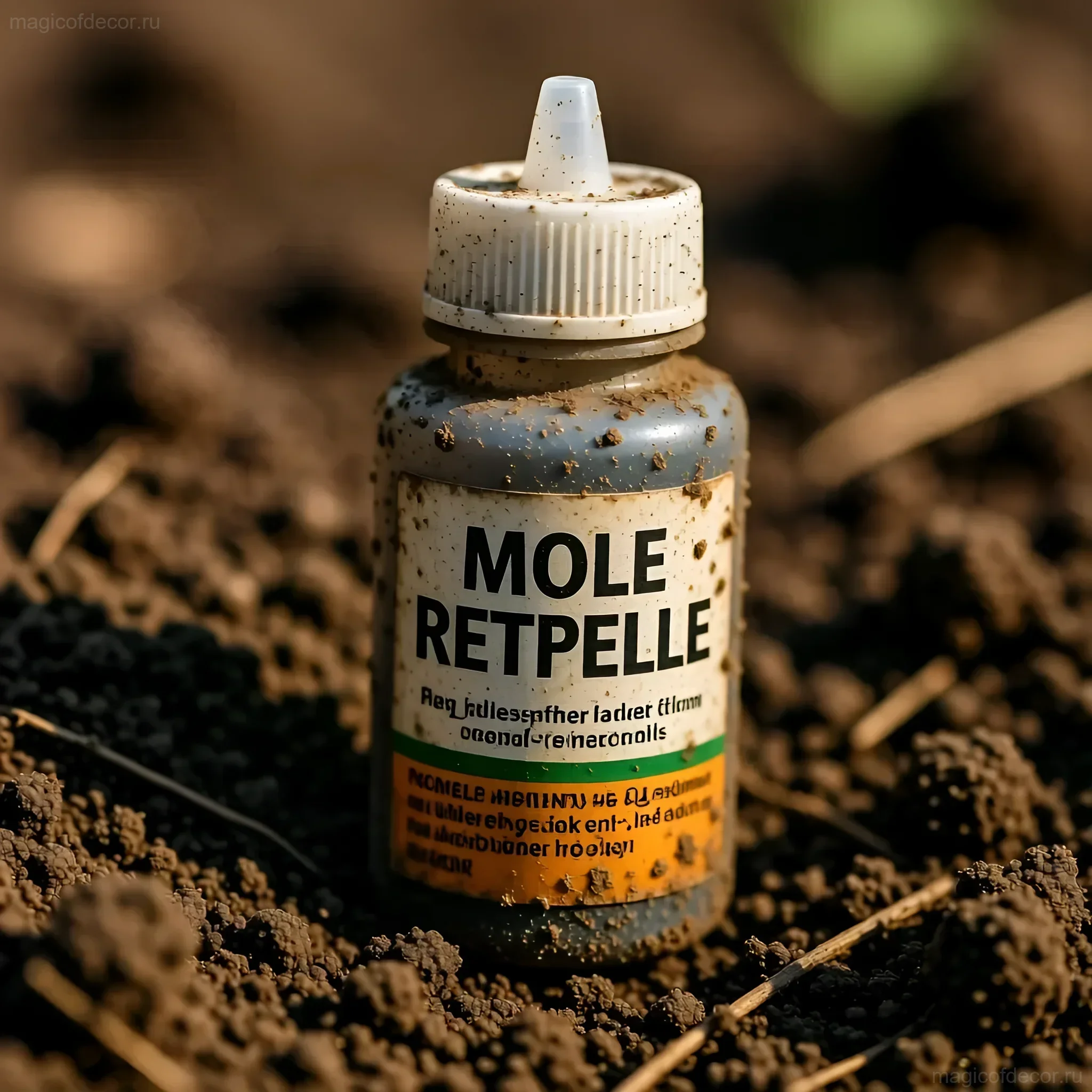 Фотография флакона с жидкостью от кротов на фоне земли. Иллюстрация к статье о самодельных отпугивателях кротов из бутылок.