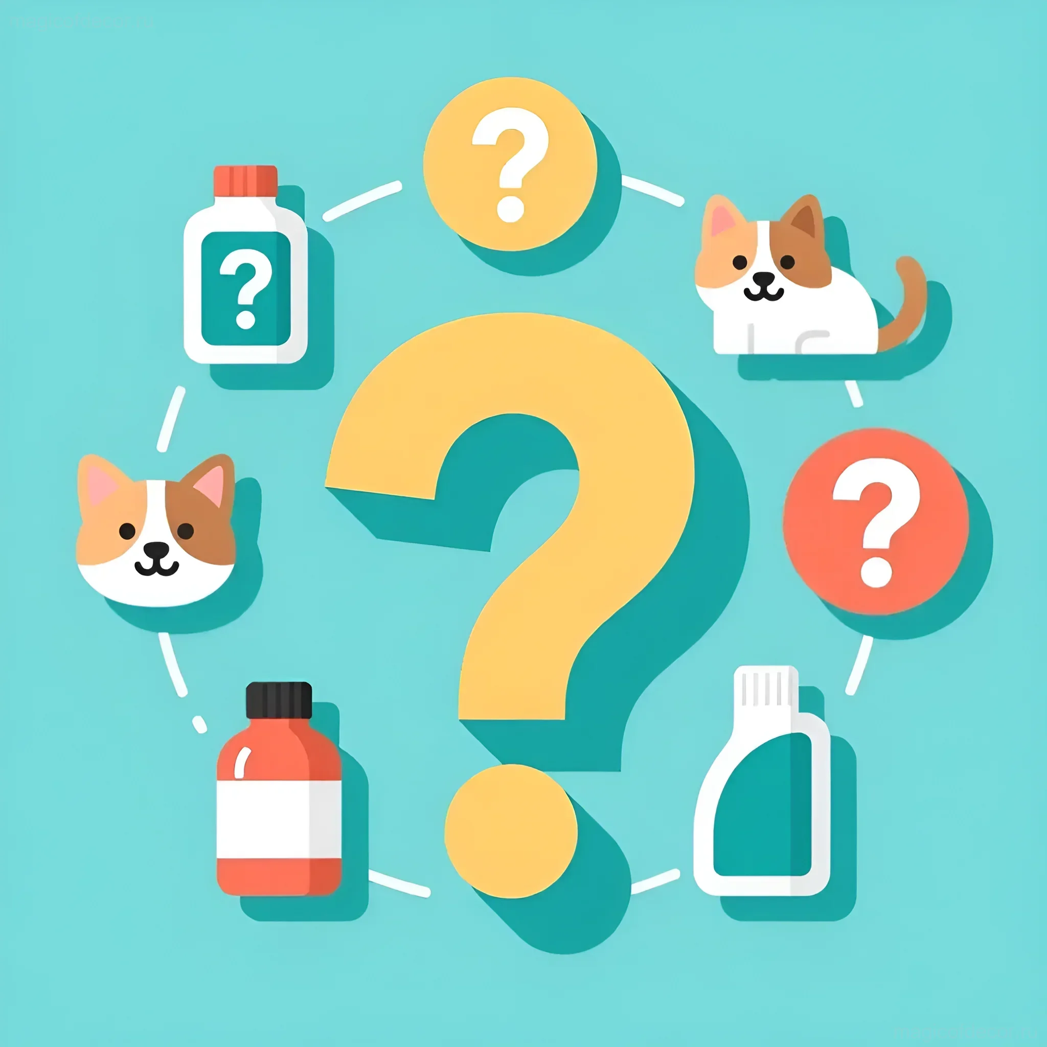 Иллюстрация с вопросительными знаками, бутылками и котами, символизирующая поиск эффективного способа избавления от кротов на участке.