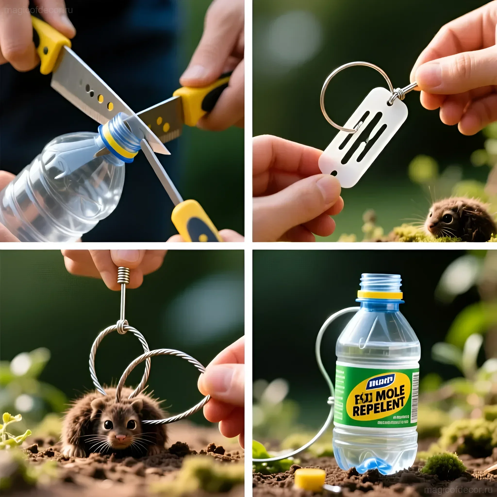 Фотоколлаж демонстрирует процесс создания эффективного отпугивателя кротов из обычной пластиковой бутылки, простой и доступный способ защиты сада.