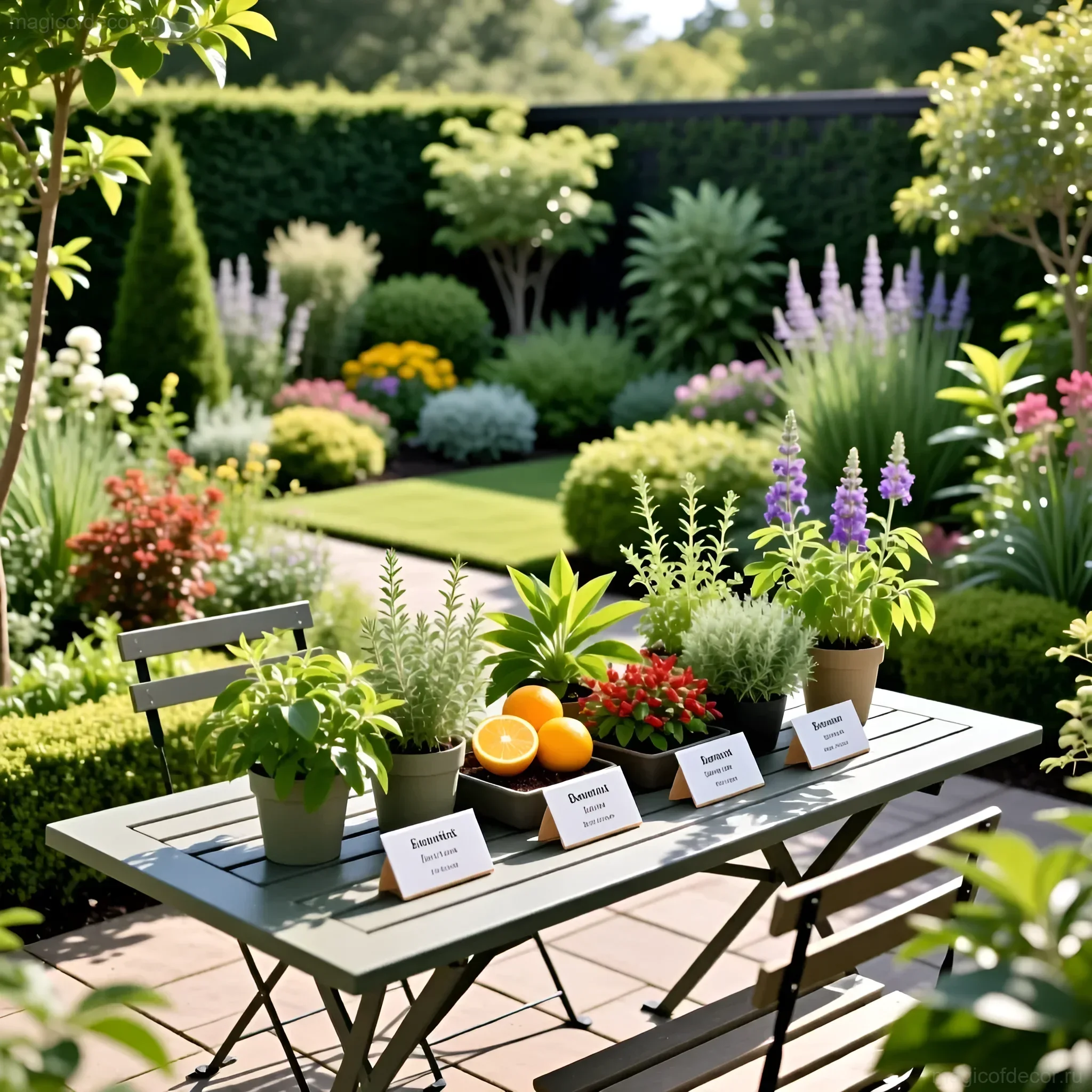 Фотография демонстрирует тщательно спланированную композицию из ароматных трав и цветущих растений на террасе, вдохновляющую на создание сада ароматов.