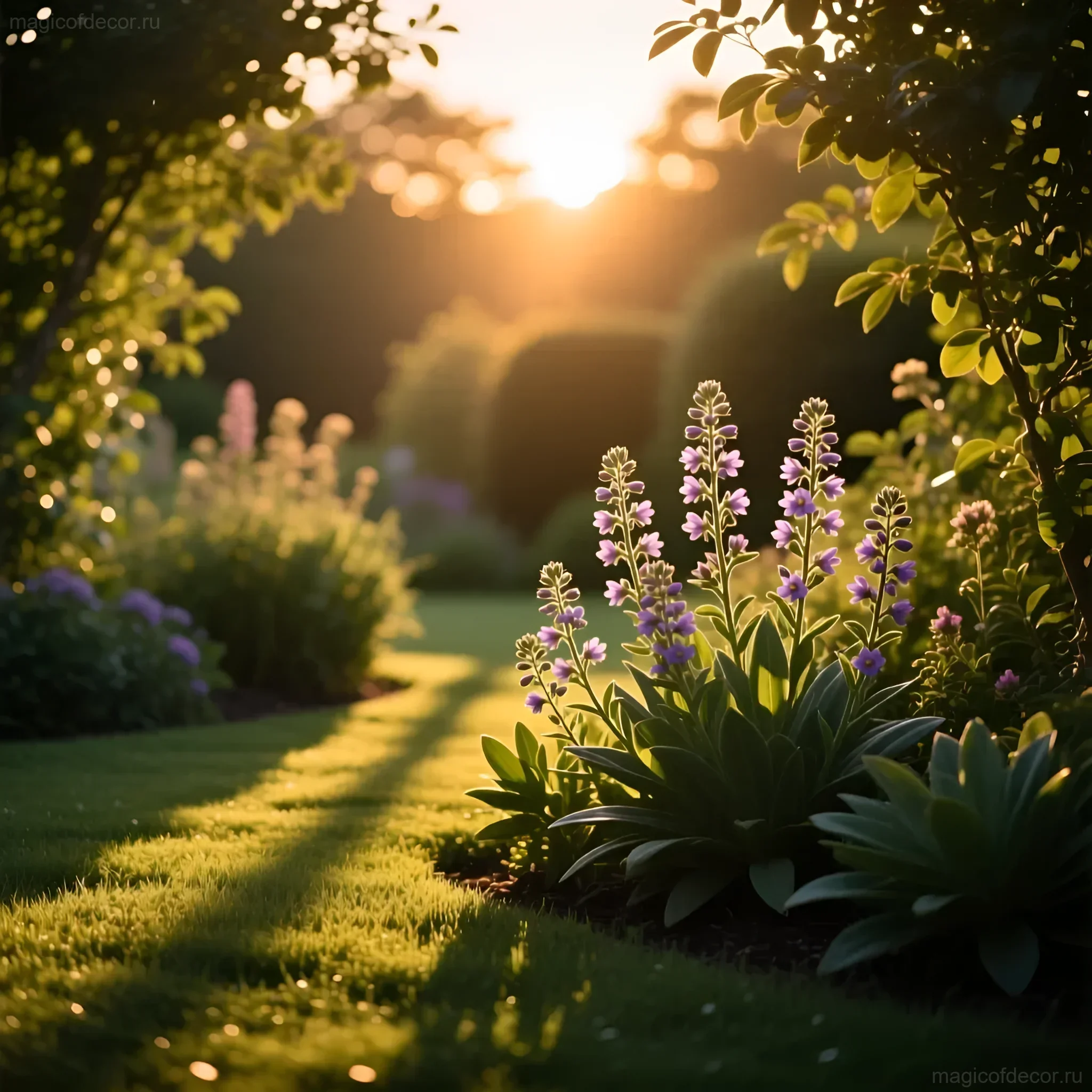 Идиллическая фотография цветущего люпина в саду, залитого мягким закатным светом. Идеальное изображение для вдохновения ландшафтным дизайном и садоводством.