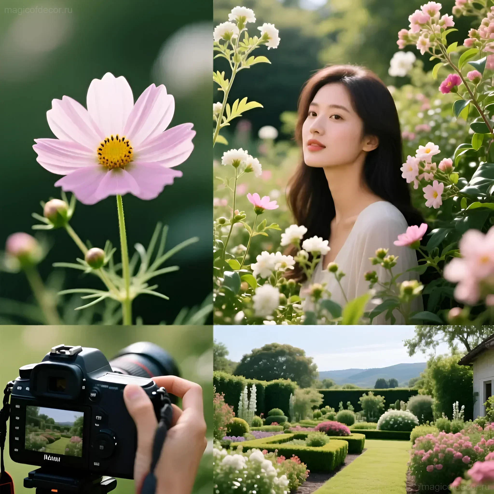 Коллаж, демонстрирующий техники фотосъемки в саду: макросъемка цветка, портрет в окружении цветов, общий вид сада и фотограф за работой.