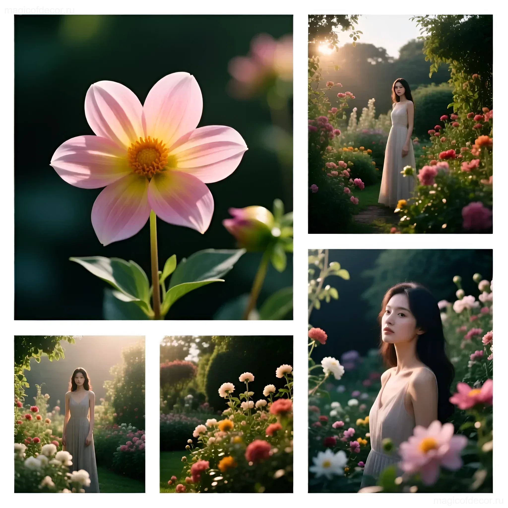 Фотоколлаж, демонстрирующий нежность цветущей дальгии и романтичные портреты в цветущем саду. Идеально для вдохновения на создание сада ароматов.