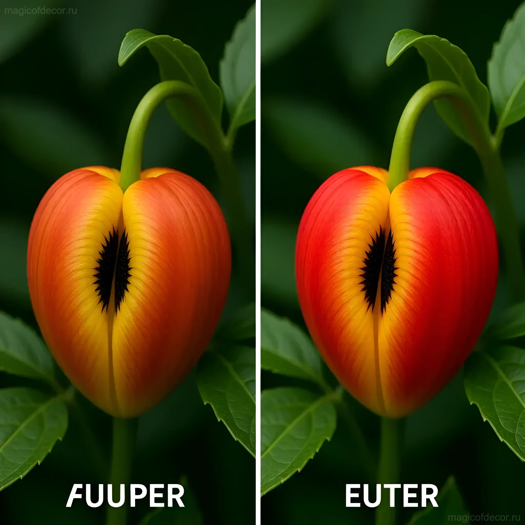 Сравнение двух вариантов обработки фотографии цветка Aristolochia salvadorensis. Подчеркнуты текстуры и насыщенность цвета для передачи аромата.