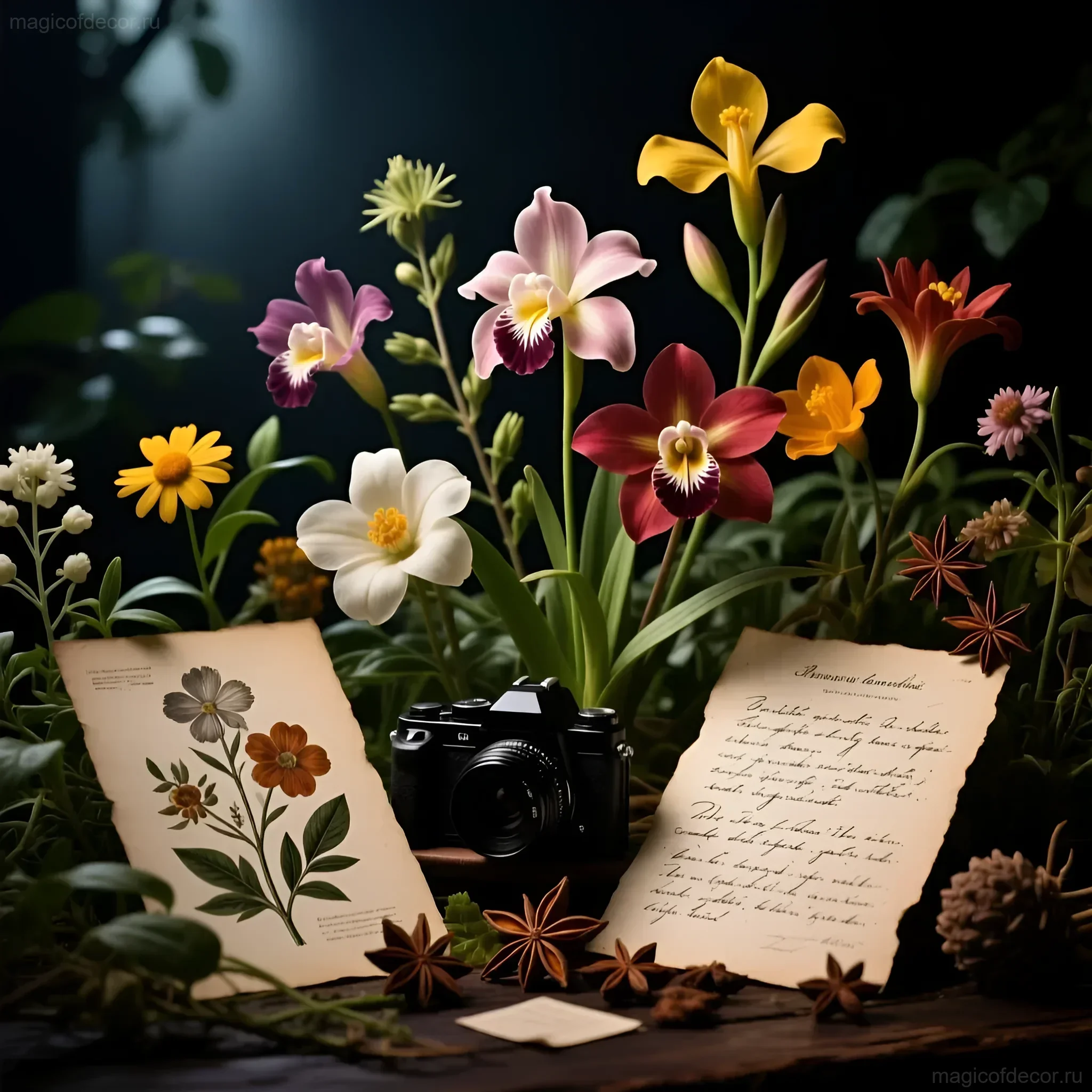 Фотография натюрморта с яркими цветами, винтажной камерой и ботаническими иллюстрациями, символизирующими красоту и искусство садоводства.