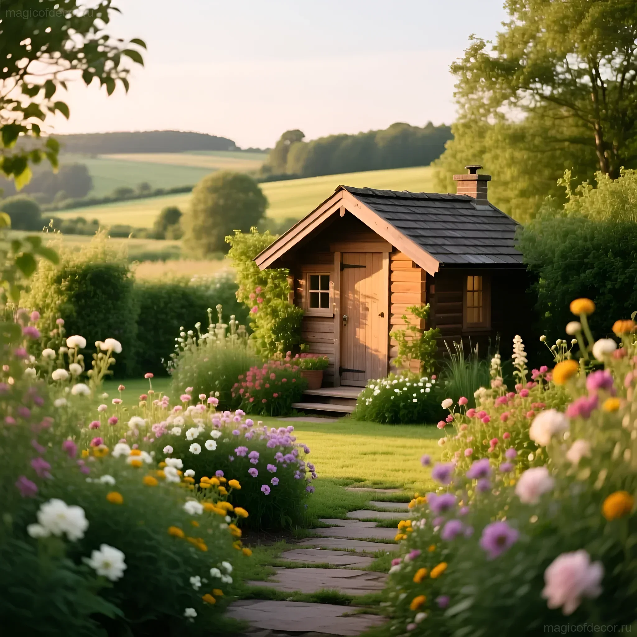 Деревянный домик, утопающий в цветах на залитом солнцем дачном участке, с каменной дорожкой, ведущей к нему.