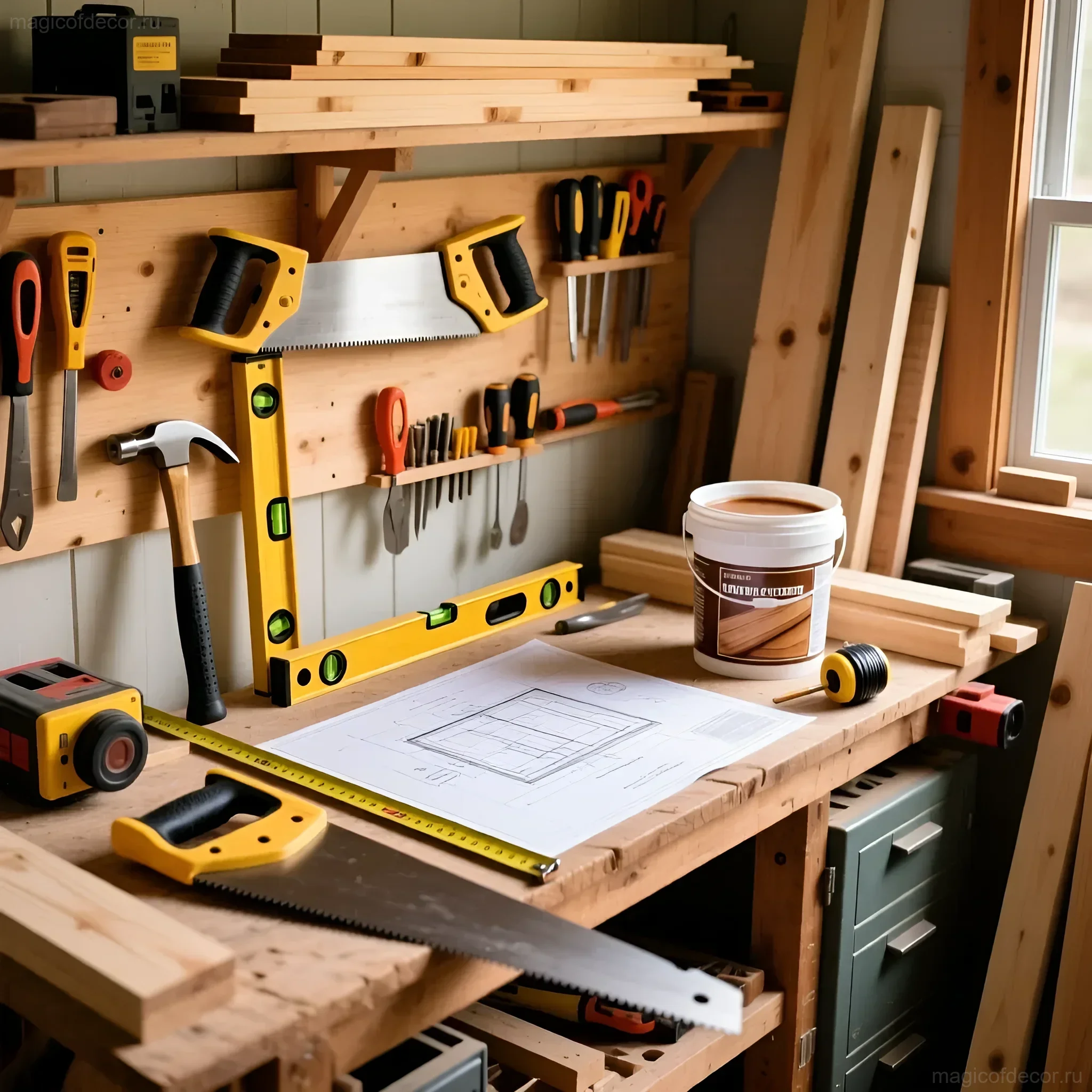 Организованное рабочее пространство с инструментами и чертежами для строительства биотуалета на даче, вид сверху.