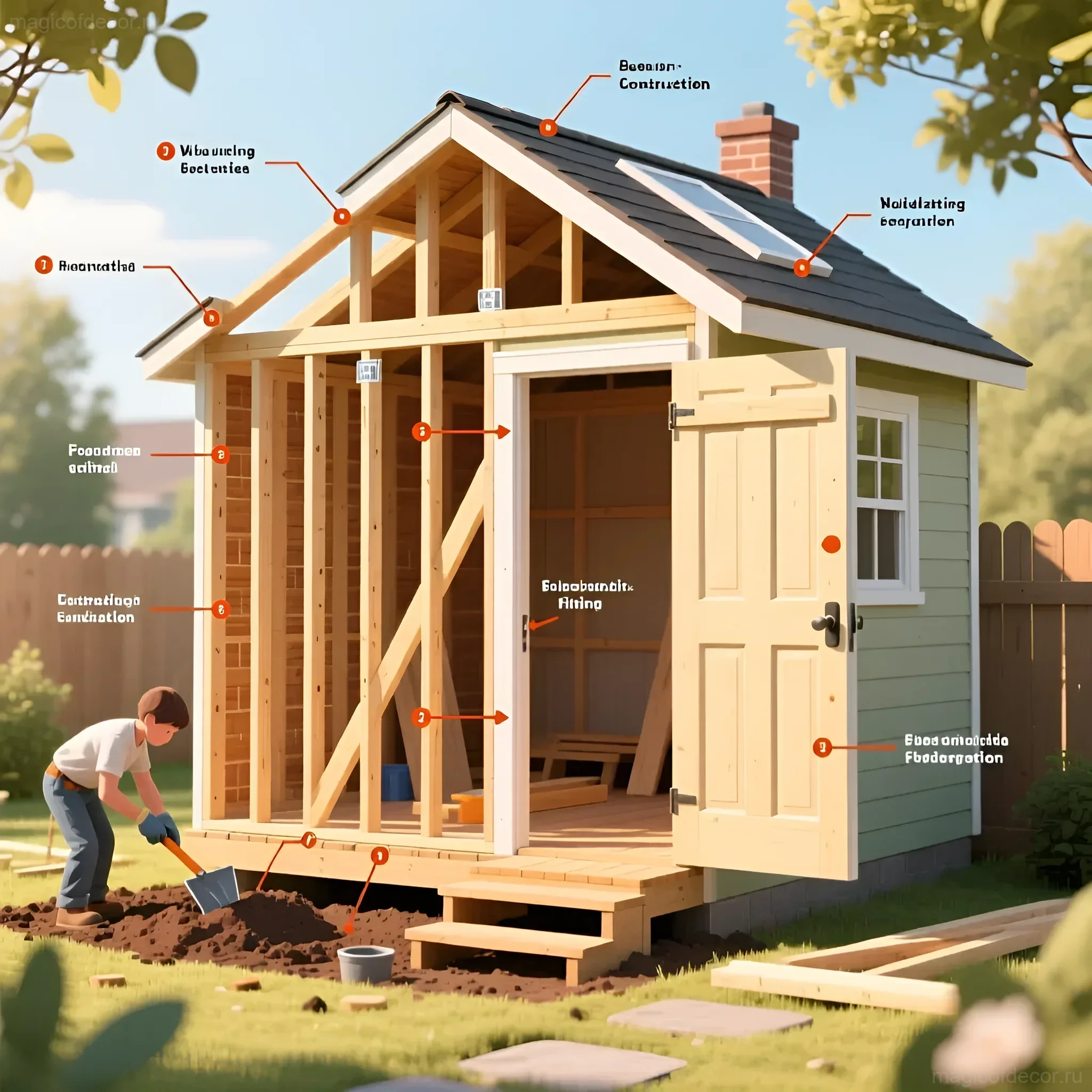 Пошаговая схема строительства биотуалета своими руками: от заливки фундамента до установки крыши, с указанием ключевых этапов и материалов.