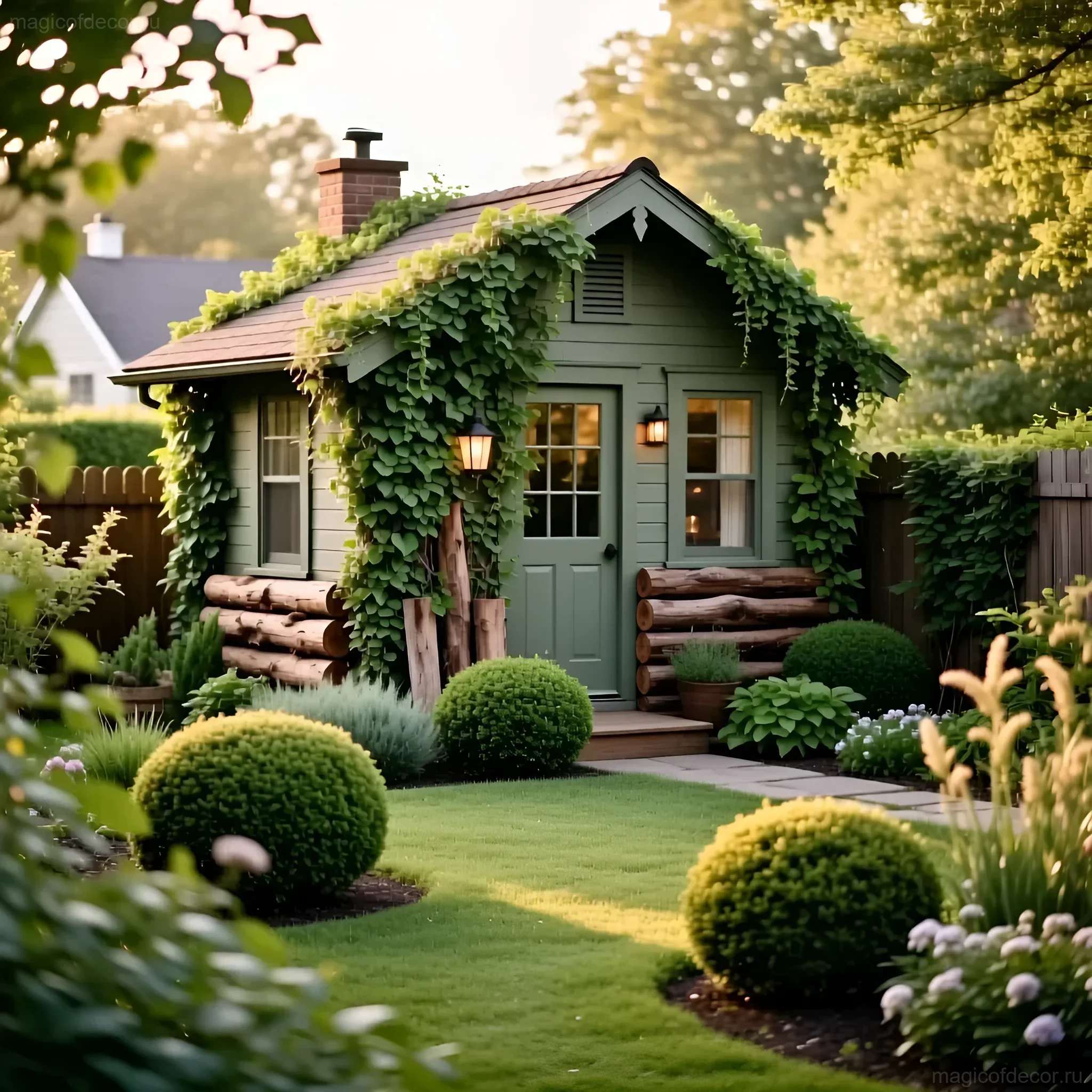 Задекорированный биотуалет, стилизованный под небольшой деревянный домик, увитый зеленью, на ухоженном дачном участке.
