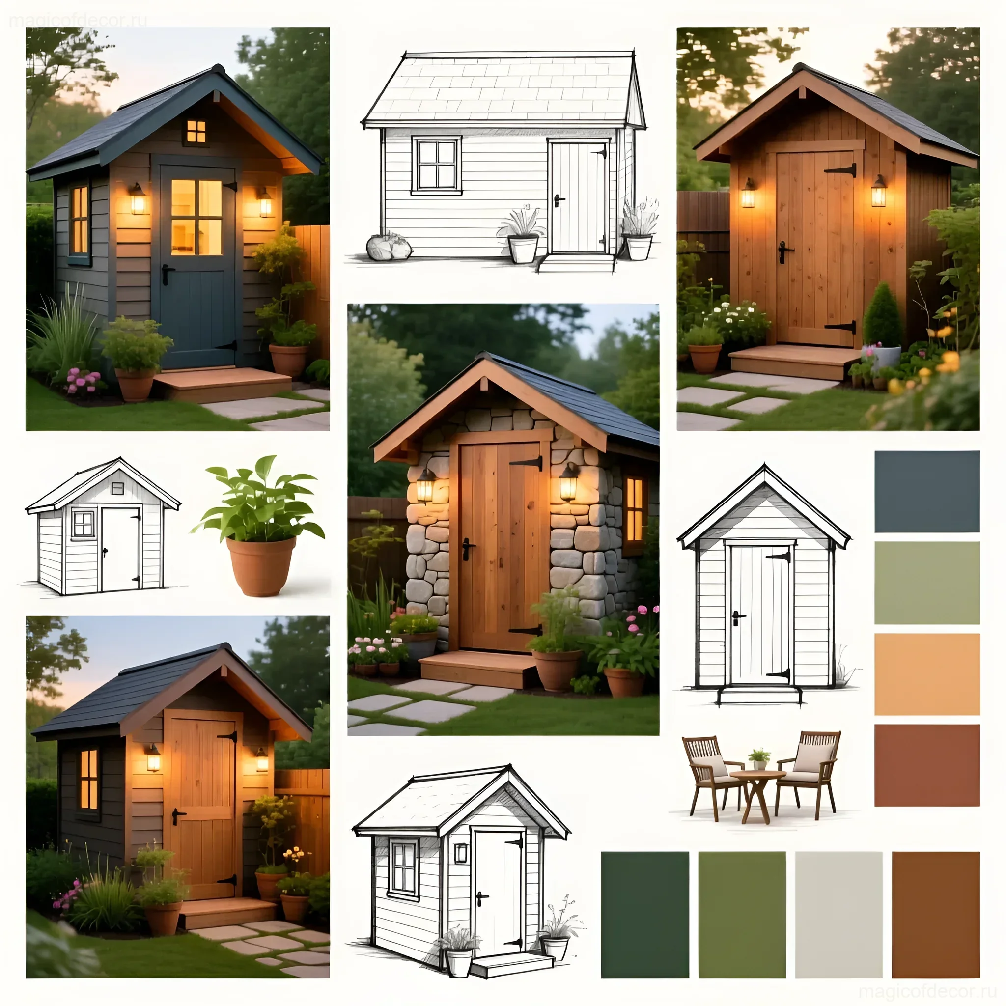Коллаж с различными вариантами дизайна биотуалетов для дачи: деревянные, каменные, в скандинавском и рустикальном стилях, с цветовыми палитрами.