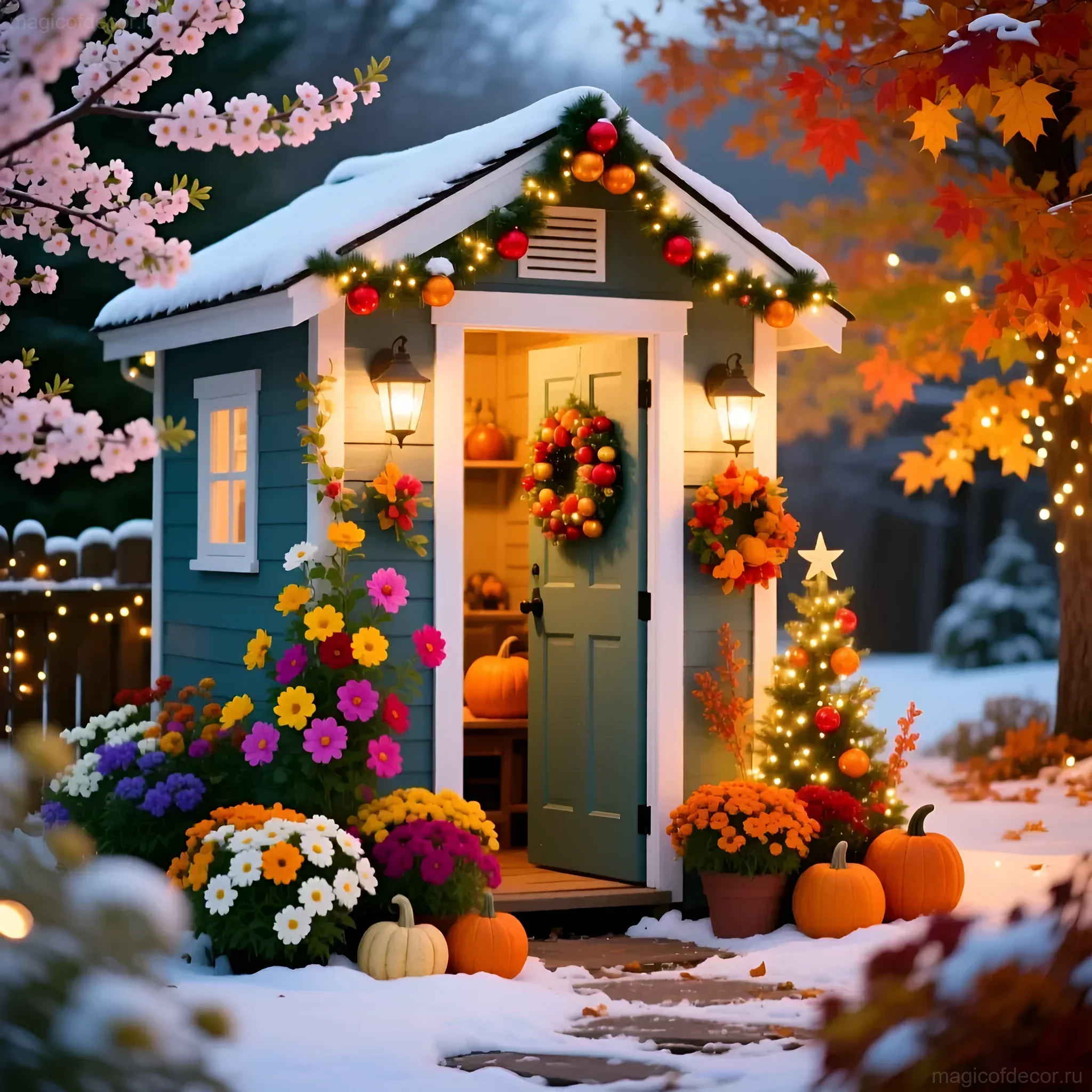 Биотуалет, украшенный осенними цветами, тыквами, гирляндами и рождественской елкой, в заснеженном саду на фоне осенней листвы.
