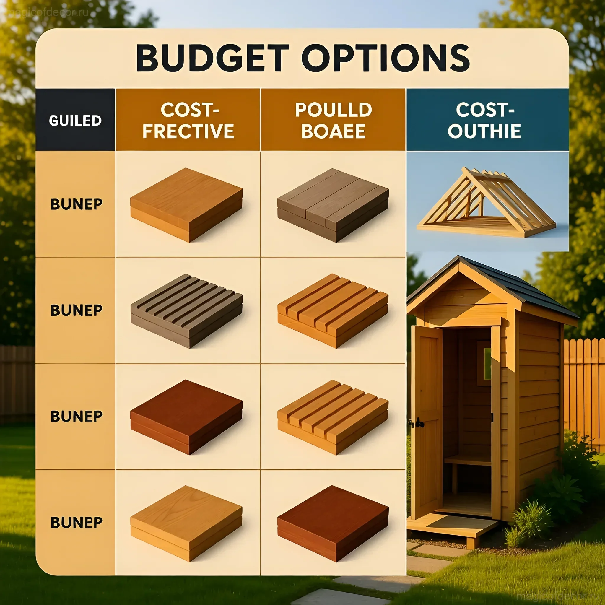 Сравнительная таблица бюджетных материалов для строительства биотуалета своими руками: террасная доска, деревянный брус, варианты отделки крыши и кабины.