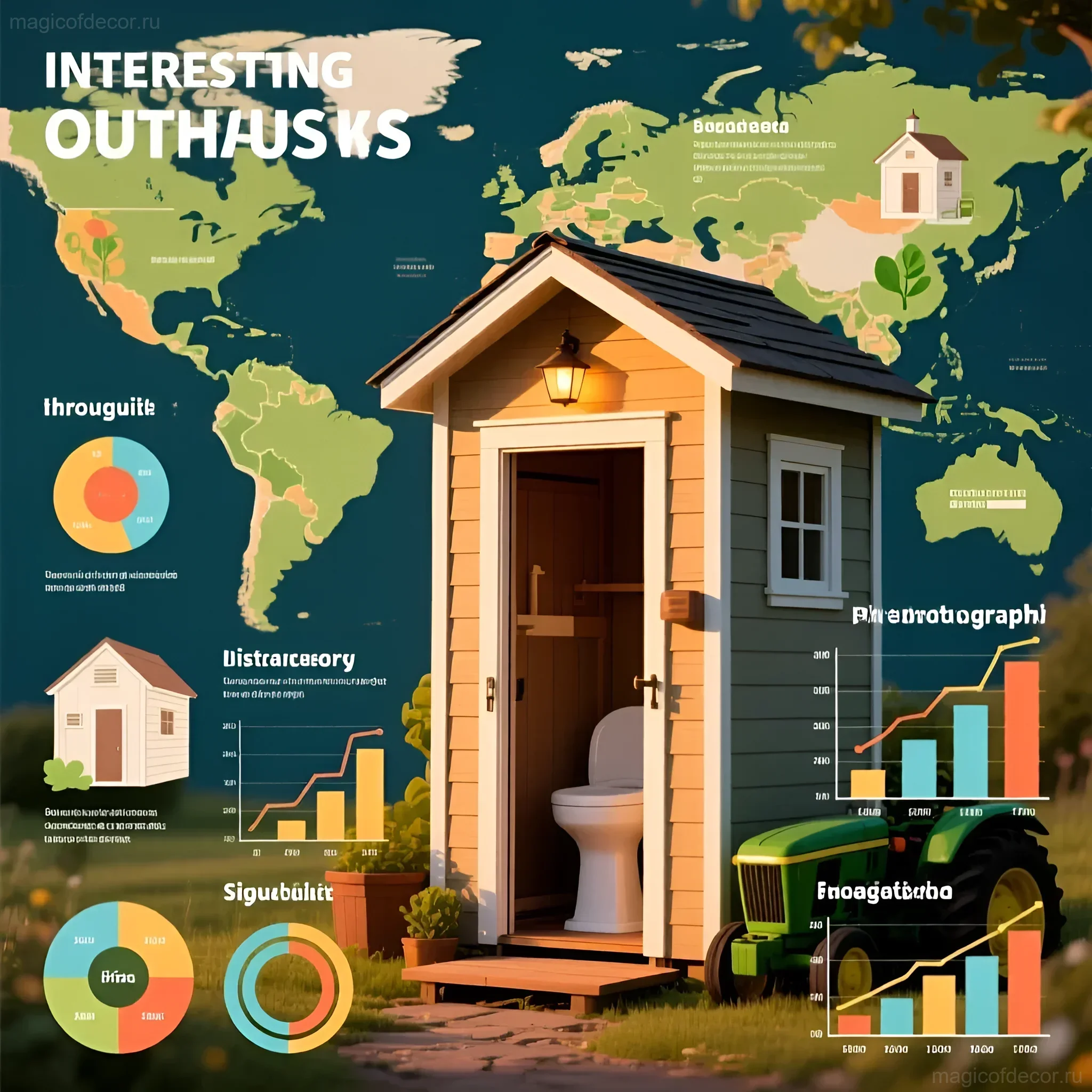 Деревянный биотуалет в саду, окруженный зеленью, с графиками и картой мира на фоне, иллюстрирующими статистику использования биотуалетов.