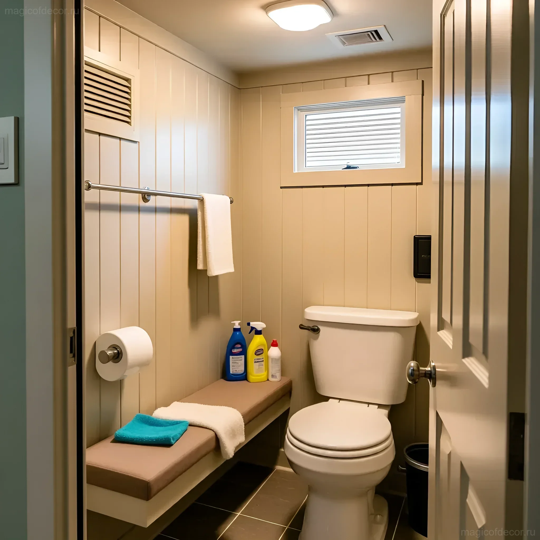 Небольшой санузел в стиле кантри с бежевыми деревянными стенами, компактной сантехникой и удобной полкой для хранения.