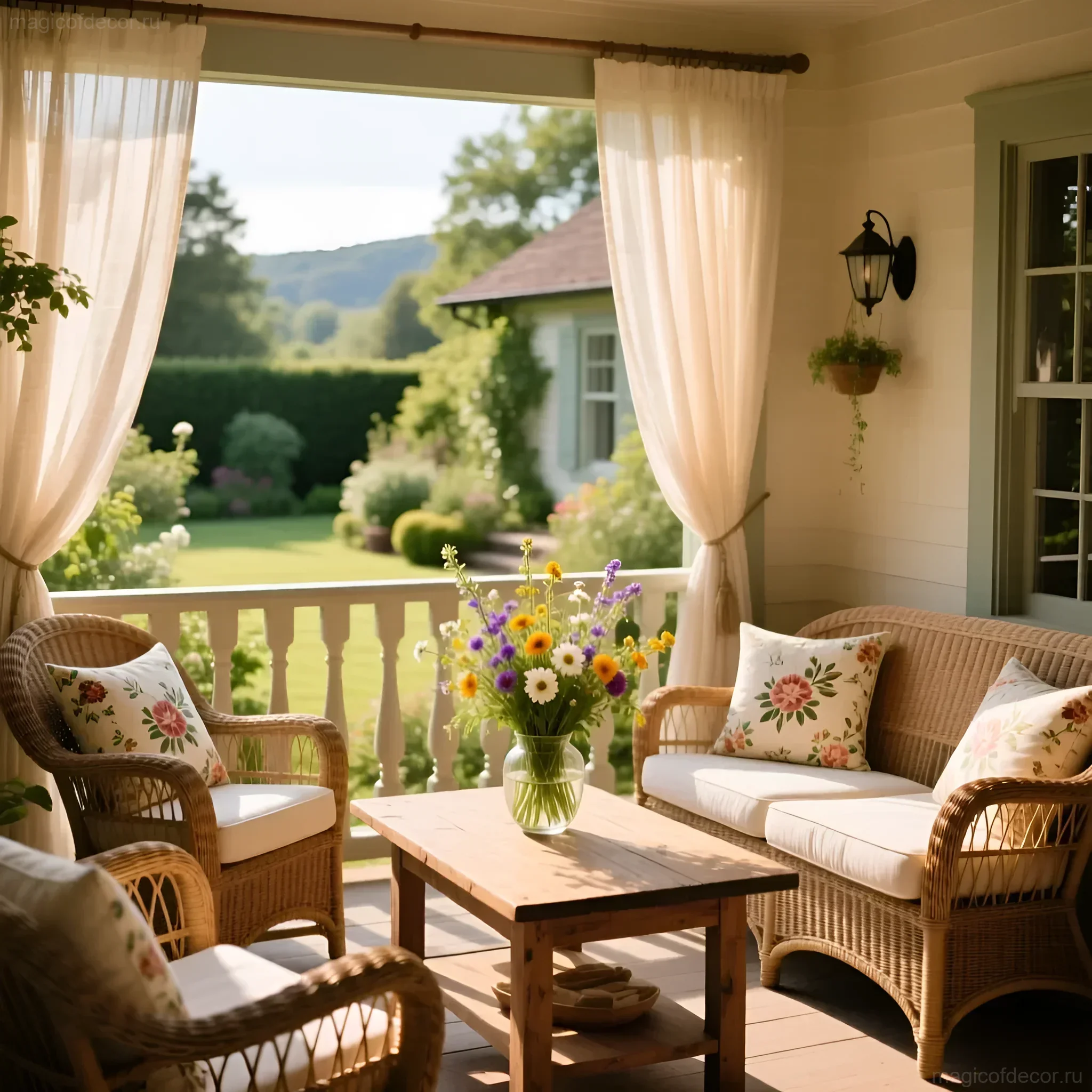 Уютная веранда в дачном доме с плетеными креслами и диваном, украшенная легкими шторами и букетом полевых цветов, вид на зеленый сад.