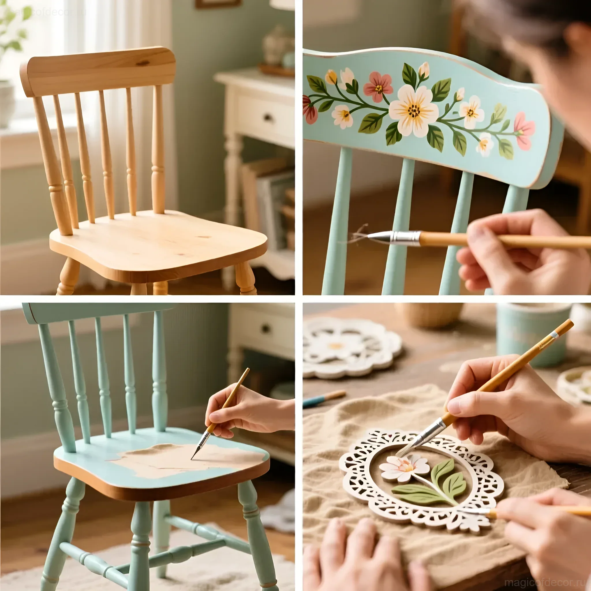 पेस्टल रंगों में एक्रिलिक पेंट के साथ लकड़ी की कुर्सी पर पेंटिंग का एक मास्टर क्लास, जिसमें जंगली फूल चित्रित हैं।