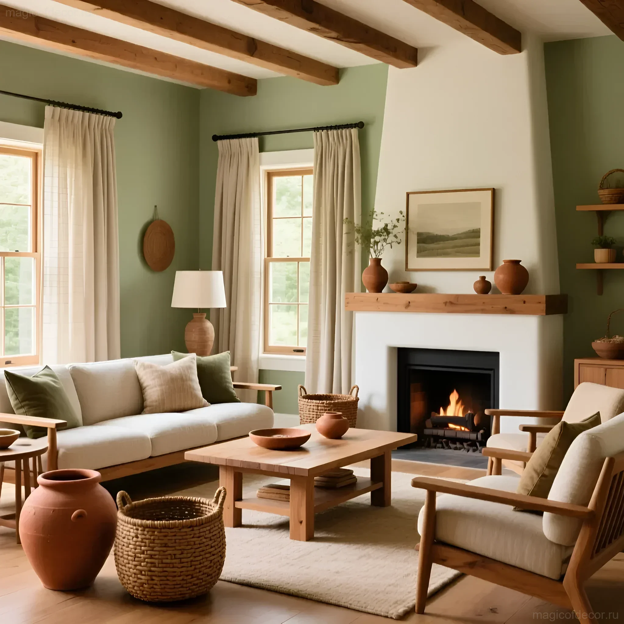 एक आरामदायक देश का लिविंग रूम जिसमें चिमनी है, जो प्राकृतिक हरे और बेज रंगों में, लकड़ी और सिरेमिक का उपयोग करके सजाया गया है।