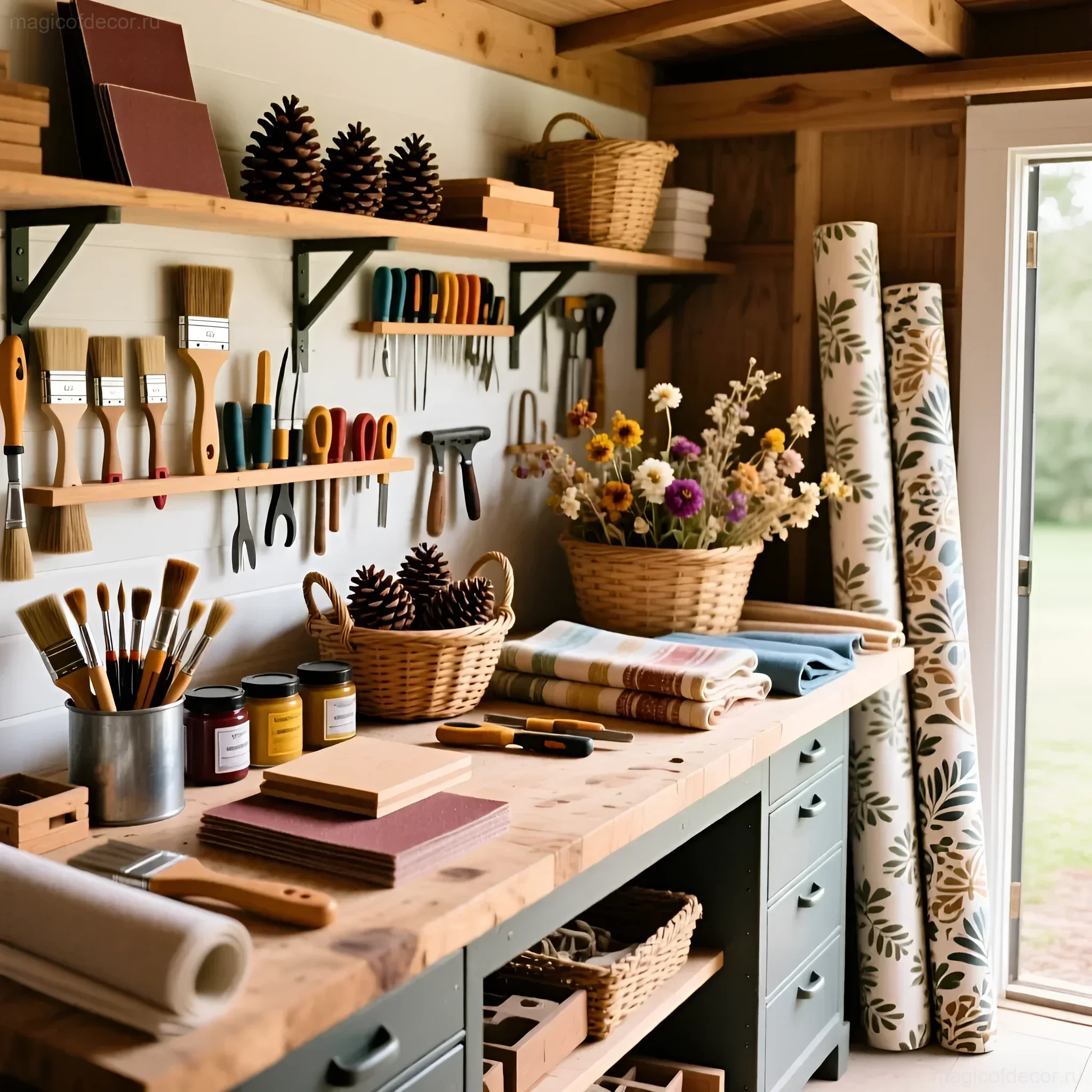 लकड़ी के फर्नीचर, बुने हुए टोकरियों और हस्तशिल्प के औजारों के साथ देश के घर के बरामदे में एक व्यवस्थित कार्यक्षेत्र।