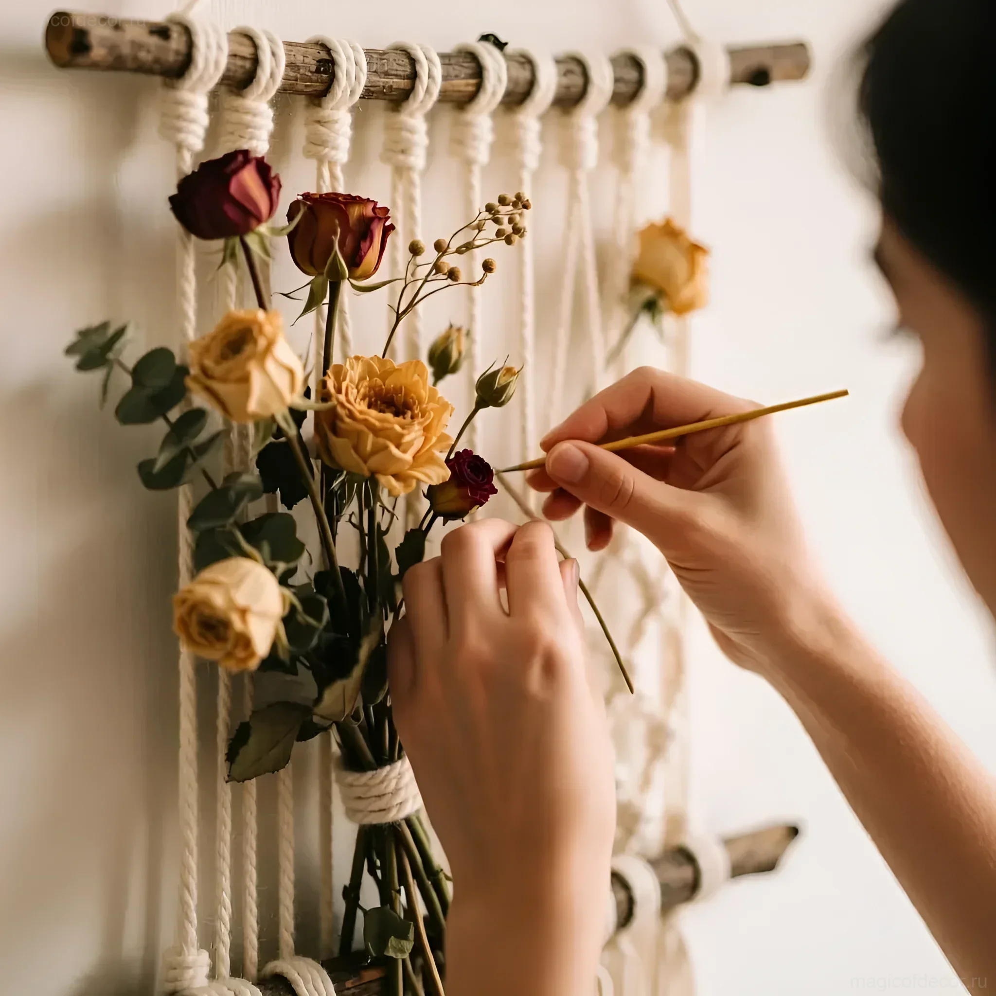 एक लड़की के हाथ हल्के लकड़ी की दीवार पर मैक्रैम हैंगर में फूलों की एक दीवार कंपोजीशन बना रहे हैं, देश की सजावट अपने हाथों से।