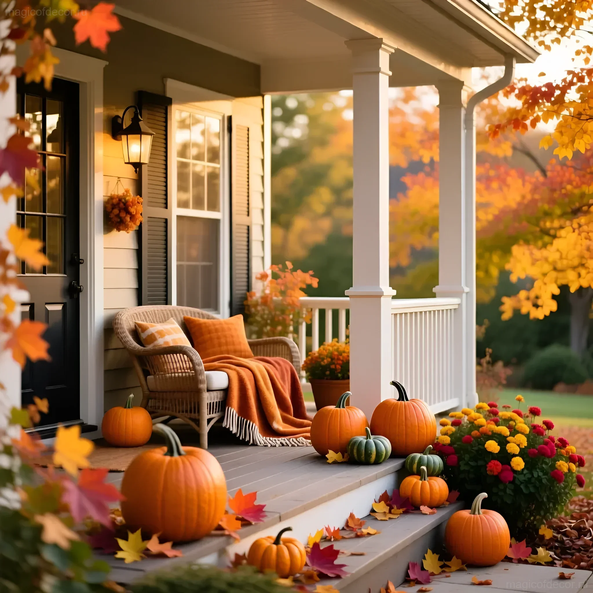 एक देश के घर का बरामदा, जो कद्दू, शरद ऋतु के फूलों और गर्म नारंगी और भूरे रंग के कंबलों से सजाया गया है, जो आराम और शांति का माहौल बनाता है।