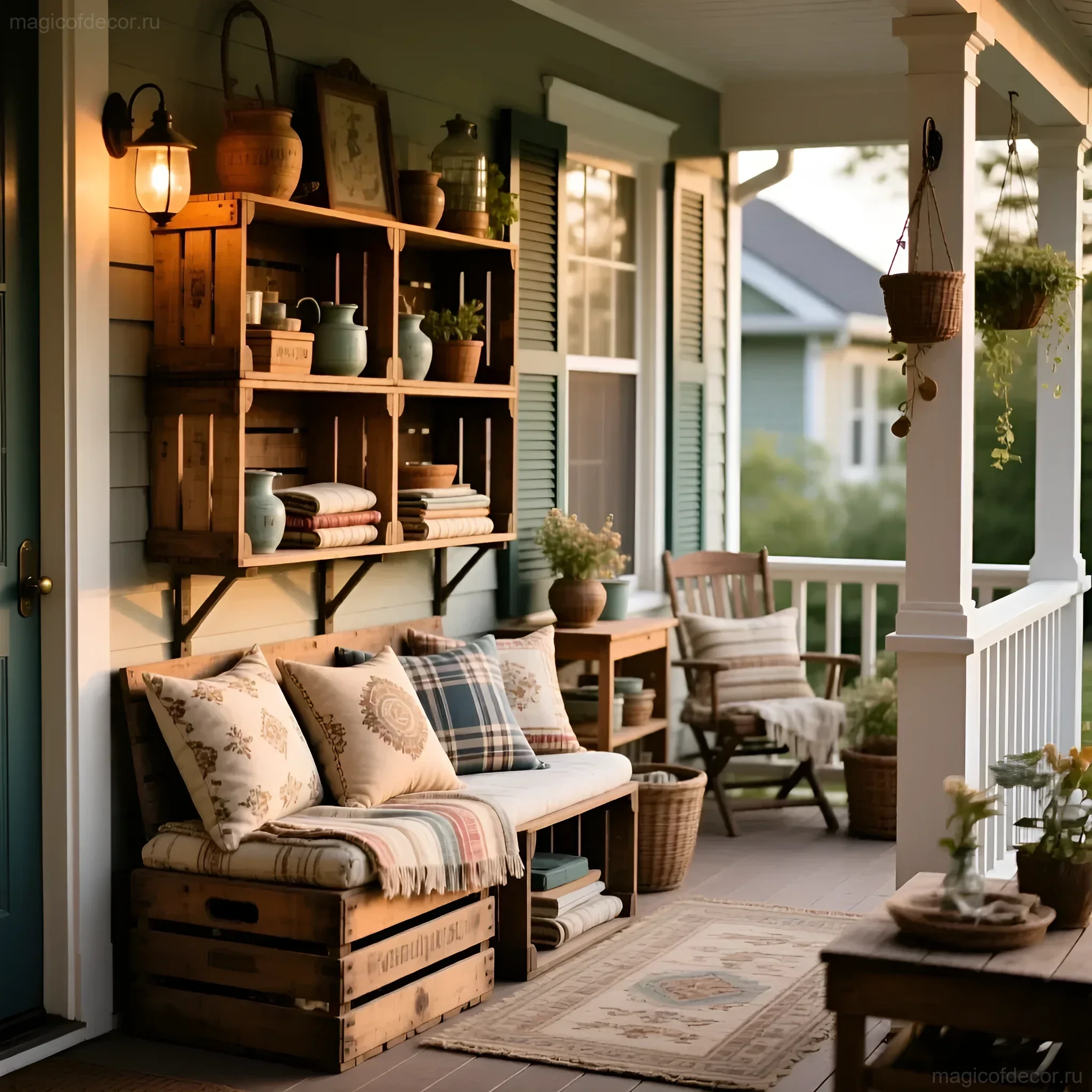 एक देश के घर के बरामदे की तस्वीर, जो देहाती शैली में सजाई गई है, जिसमें अलमारियों और सोफे के रूप में लकड़ी के बक्से का उपयोग किया गया है, जो कुशन और पौधों से सजाया गया है।