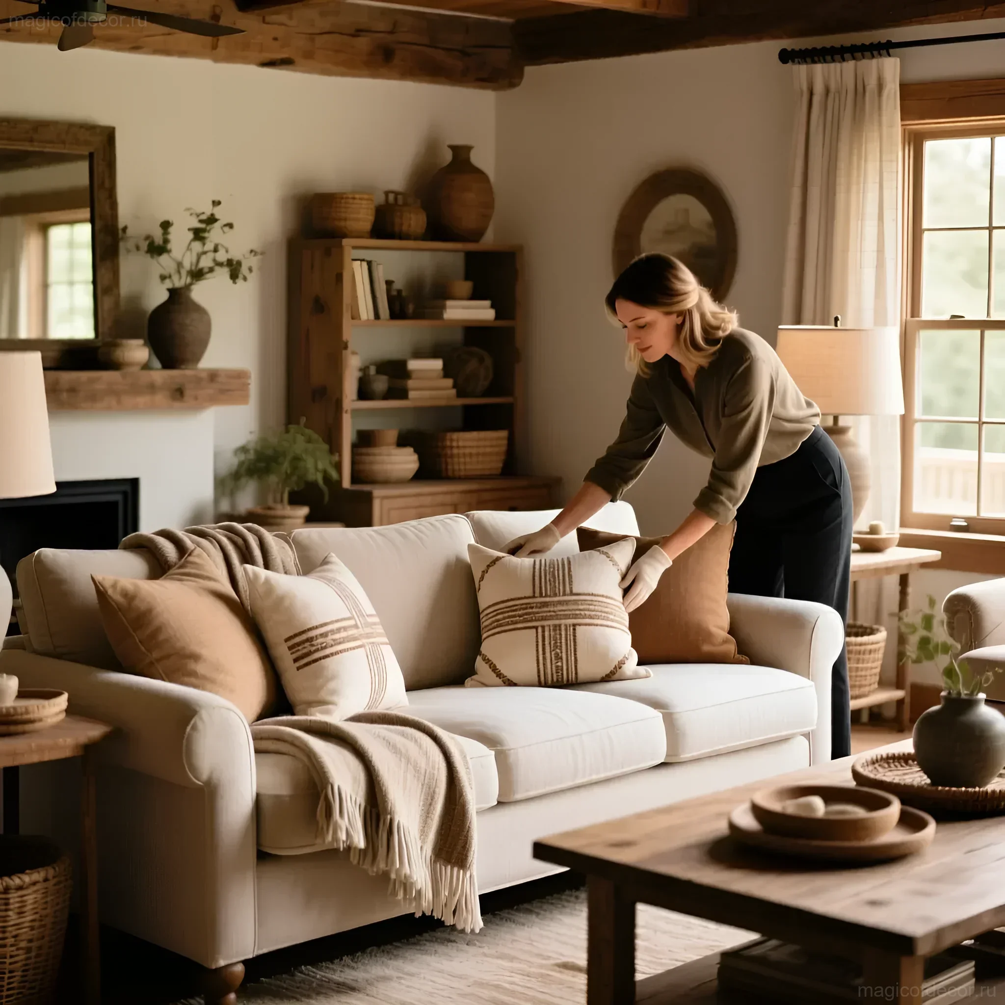 एक आरामदायक देश का लिविंग रूम 'सॉफ्ट मिनिमलिज्म' शैली में बेज सोफे, बुने हुए टोकरियों और लकड़ी के फर्नीचर के साथ। एक महिला सोफे पर कुशन ठीक कर रही है।