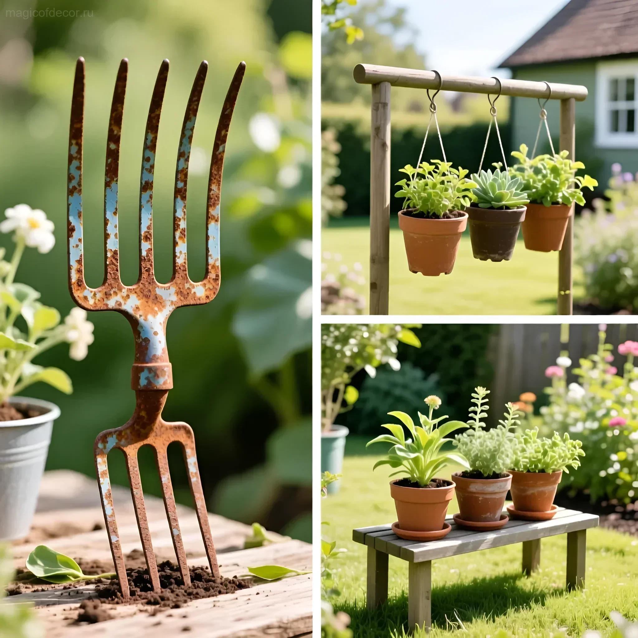 Декор сада из старых грабель и лопат: подставки для растений, подвесные конструкции и оригинальные элементы ландшафтного дизайна.