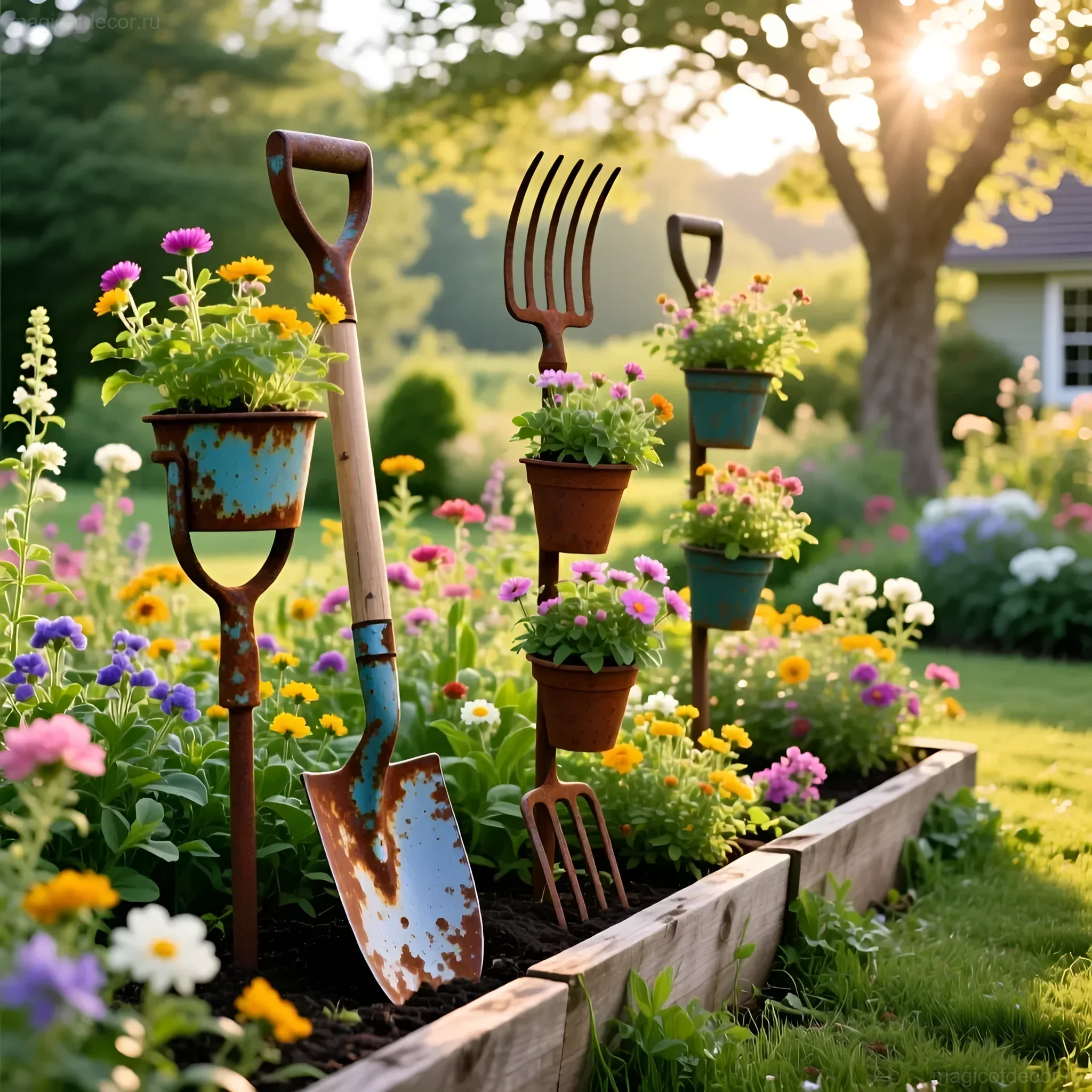 Ржавые садовые инструменты, переделанные в подставки для цветов, среди ярких летних цветов в деревянном клумбе.